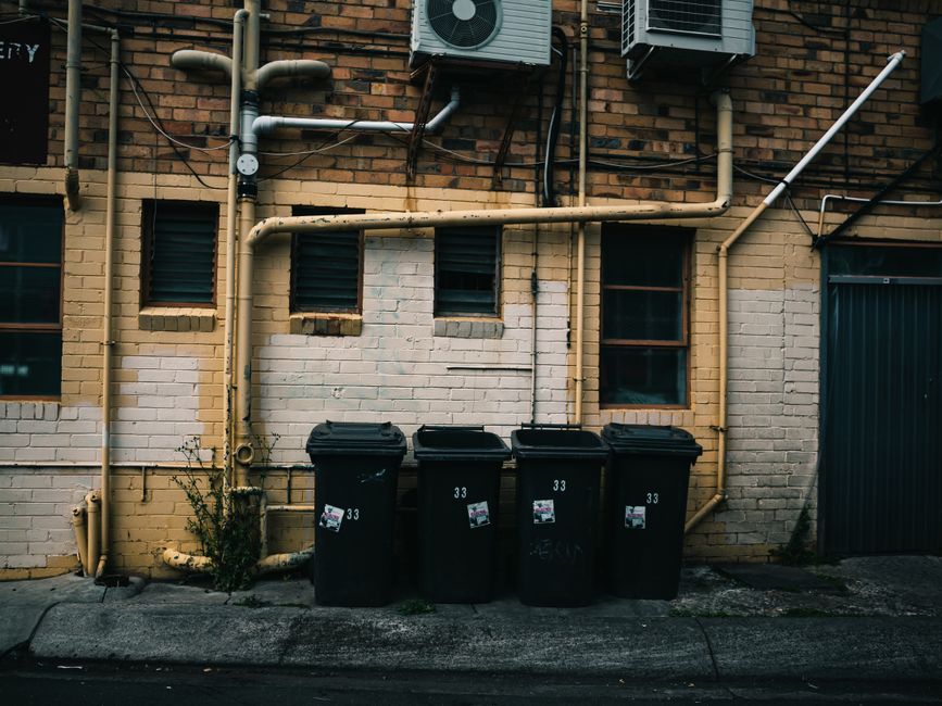 Row of numbered commercial wheelie bins lined up on a back street against a brick building, ready for scheduled collection