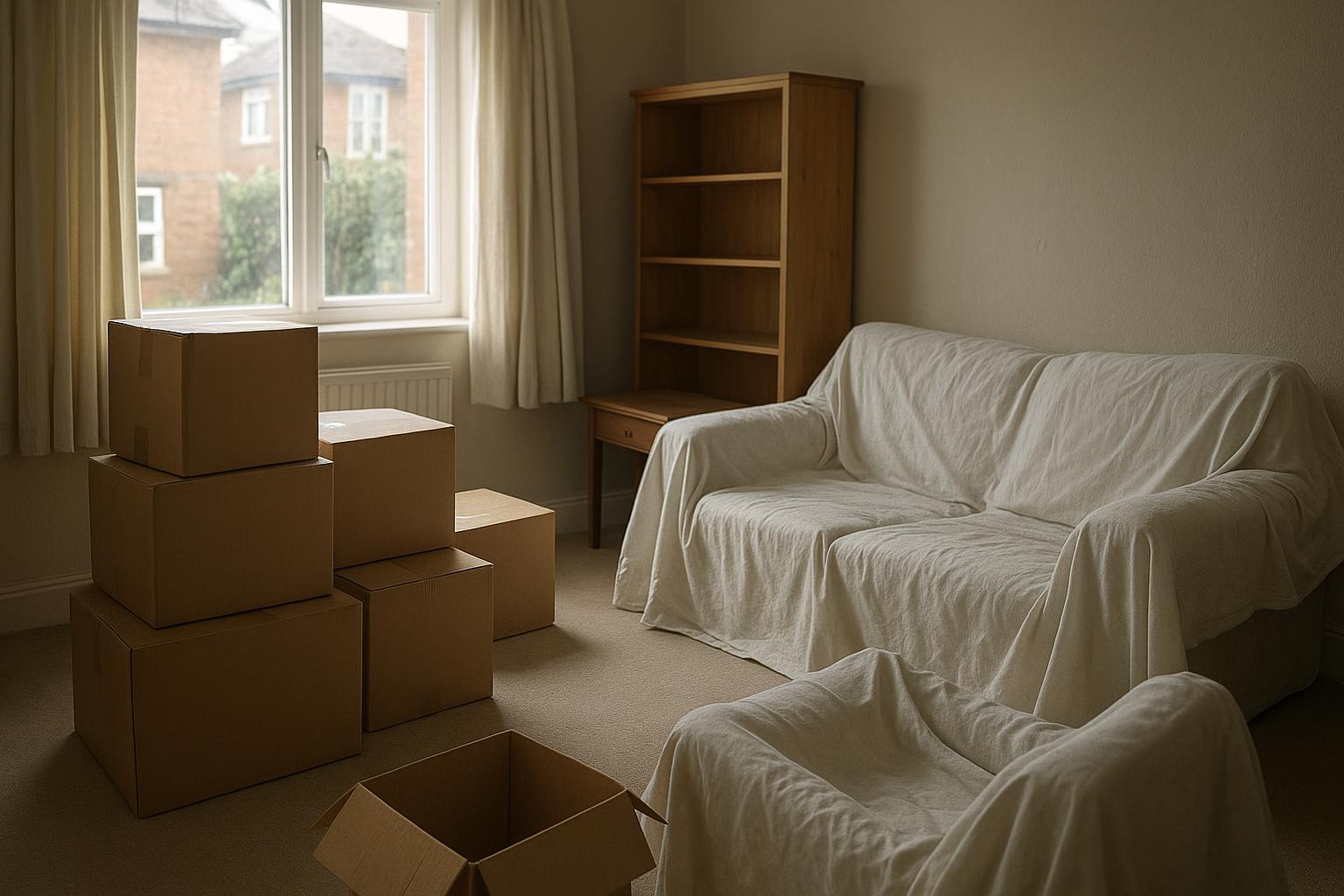 Packed boxes and covered furniture in a room, representative of the pace-setting process described in this guide