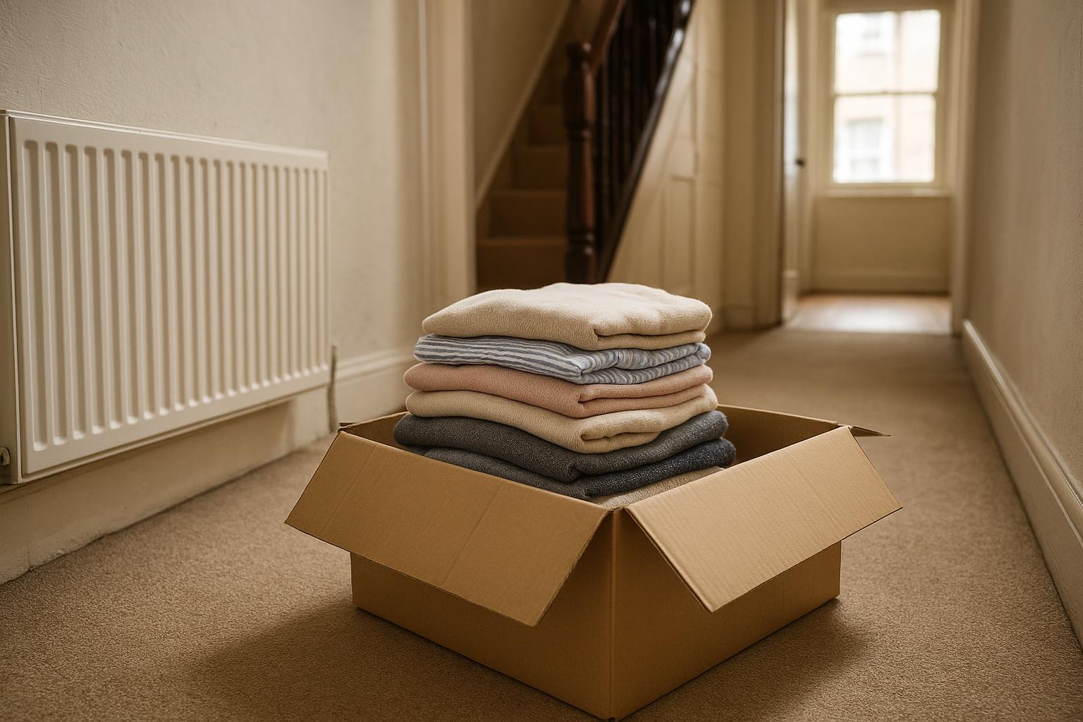 A box of folded clothing set aside for donation, representative of how usable belongings are often handled after a clearance