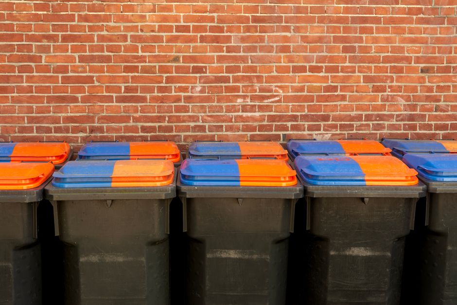 Row of household wheelie bins lined up against a brick wall