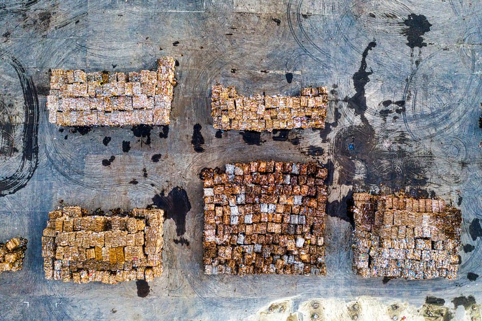 Aerial view of baled recyclable materials sorted at a recycling facility