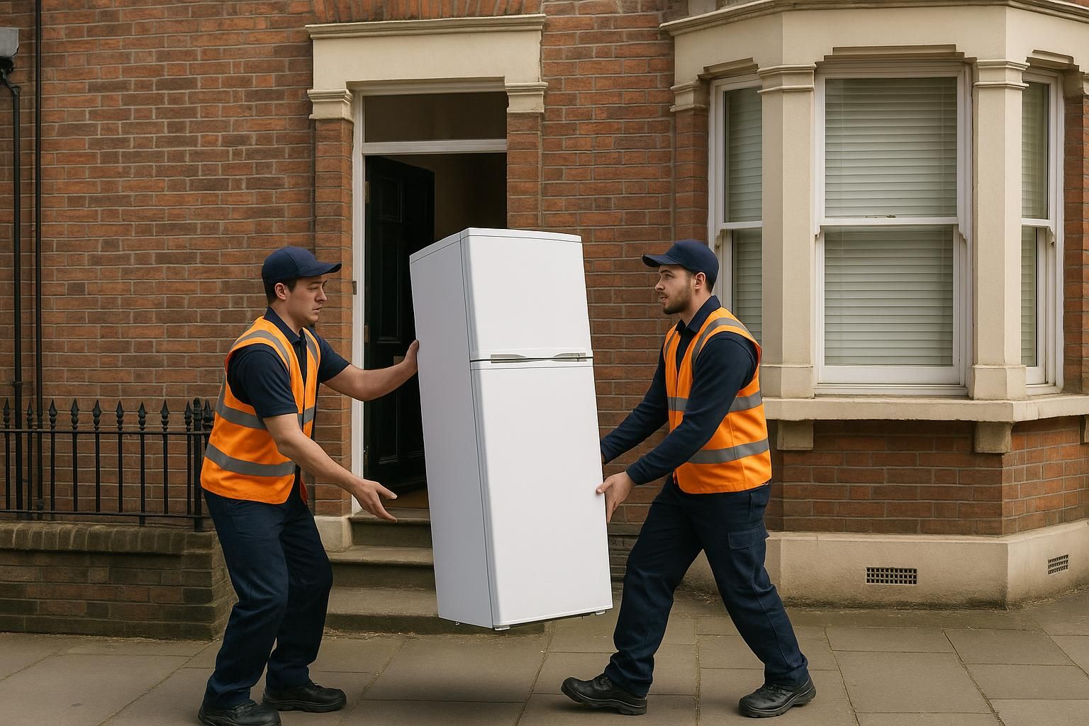 Two removal workers carrying a white fridge freezer out of a London terraced house