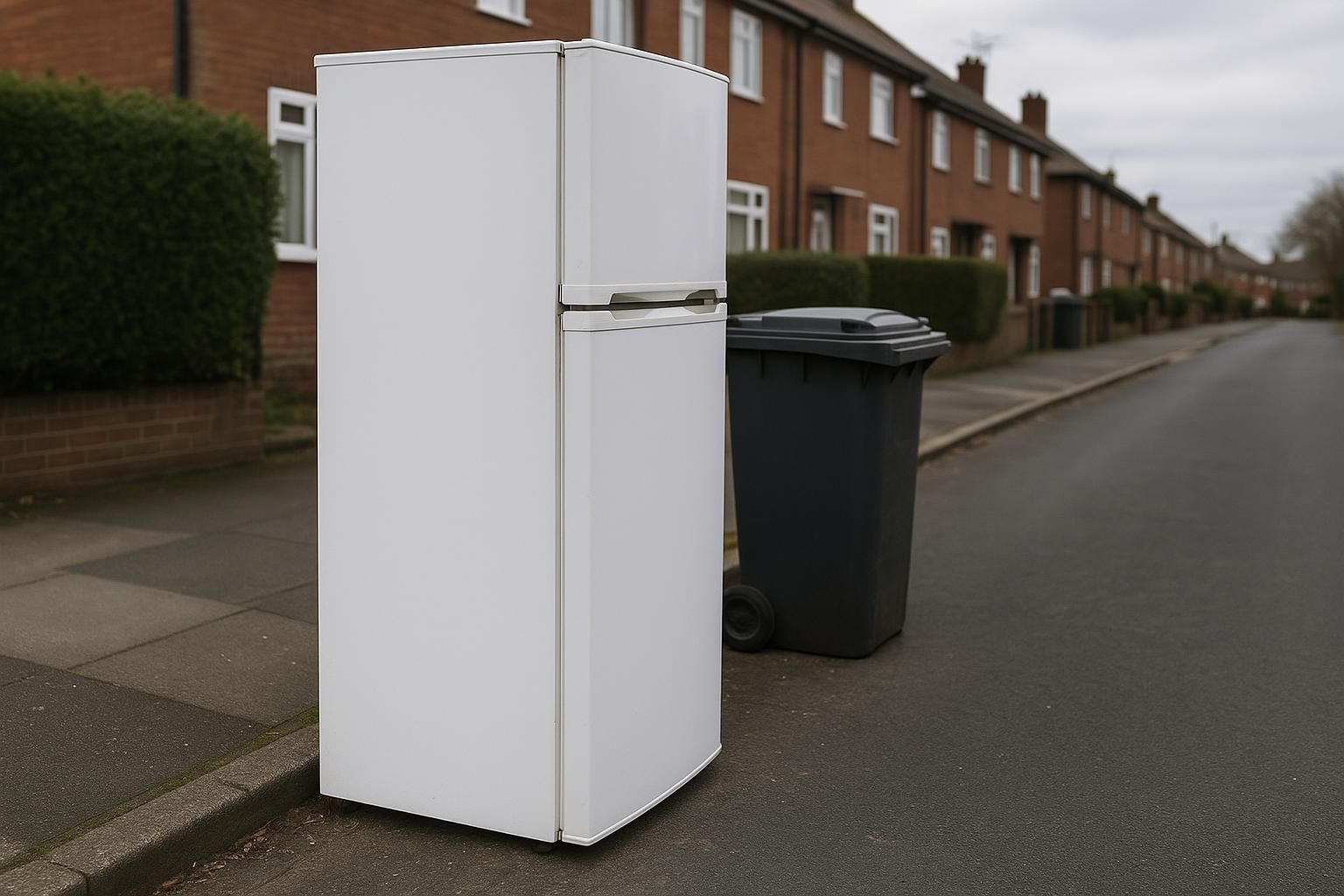 A white fridge freezer left on a UK residential pavement next to a wheelie bin for council collection