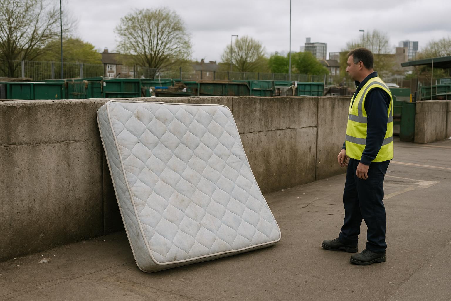 An old mattress left at a household recycling centre drop-off bay with a site worker nearby