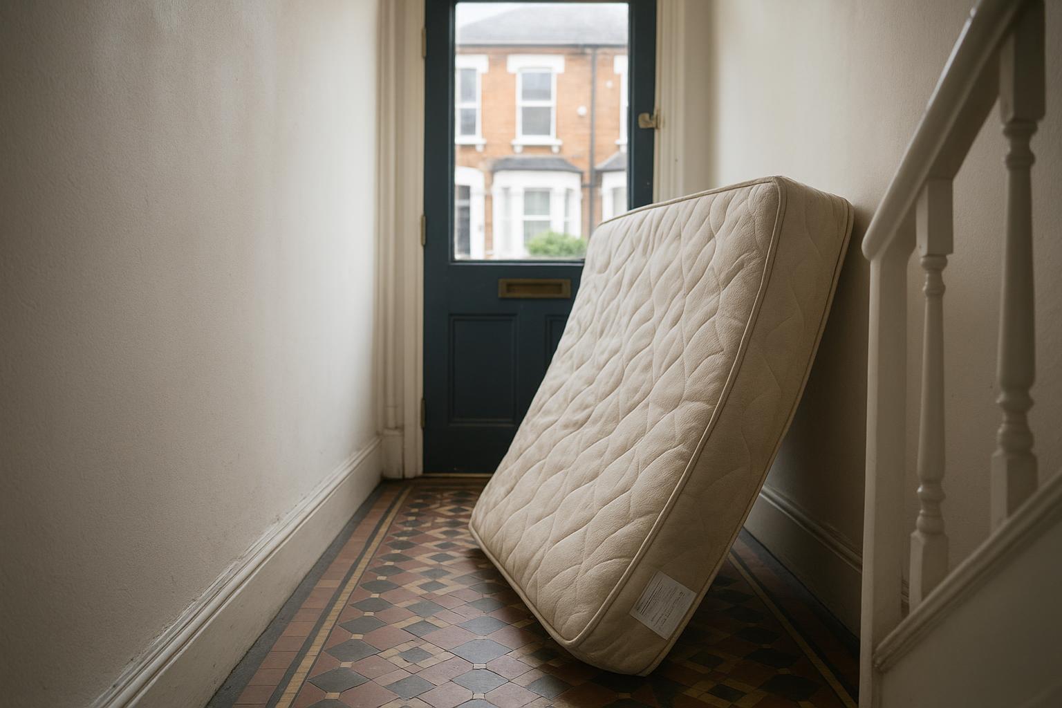 A mattress left in a hallway near the front door, ready for collection