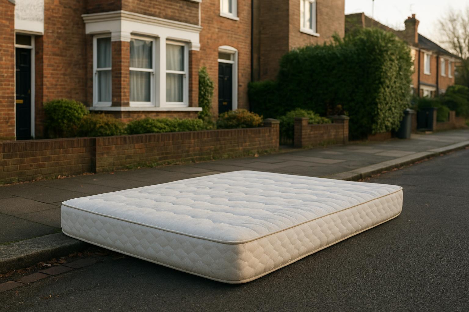 A mattress placed at the kerbside boundary of a house ready for council bulky waste collection