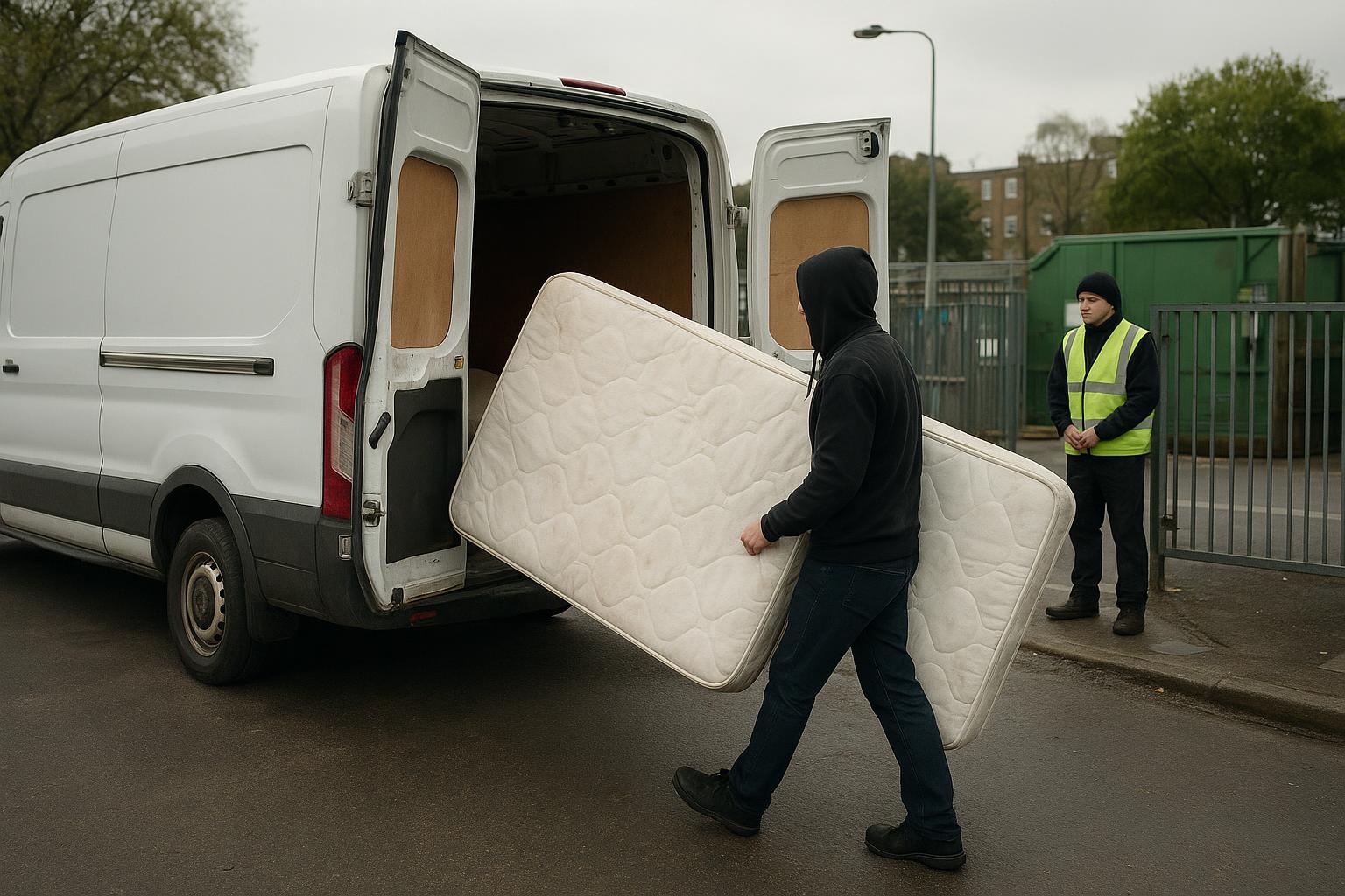 A resident carrying a mattress from a van towards a household recycling centre drop-off bay