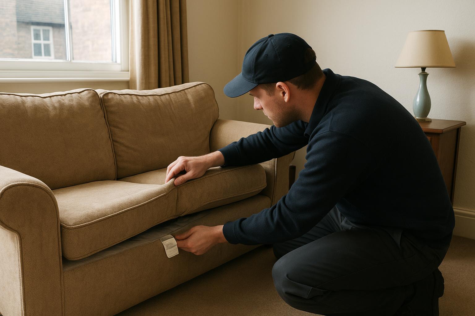 Checking a sofa's fire-safety label underneath a seat cushion before offering it for donation