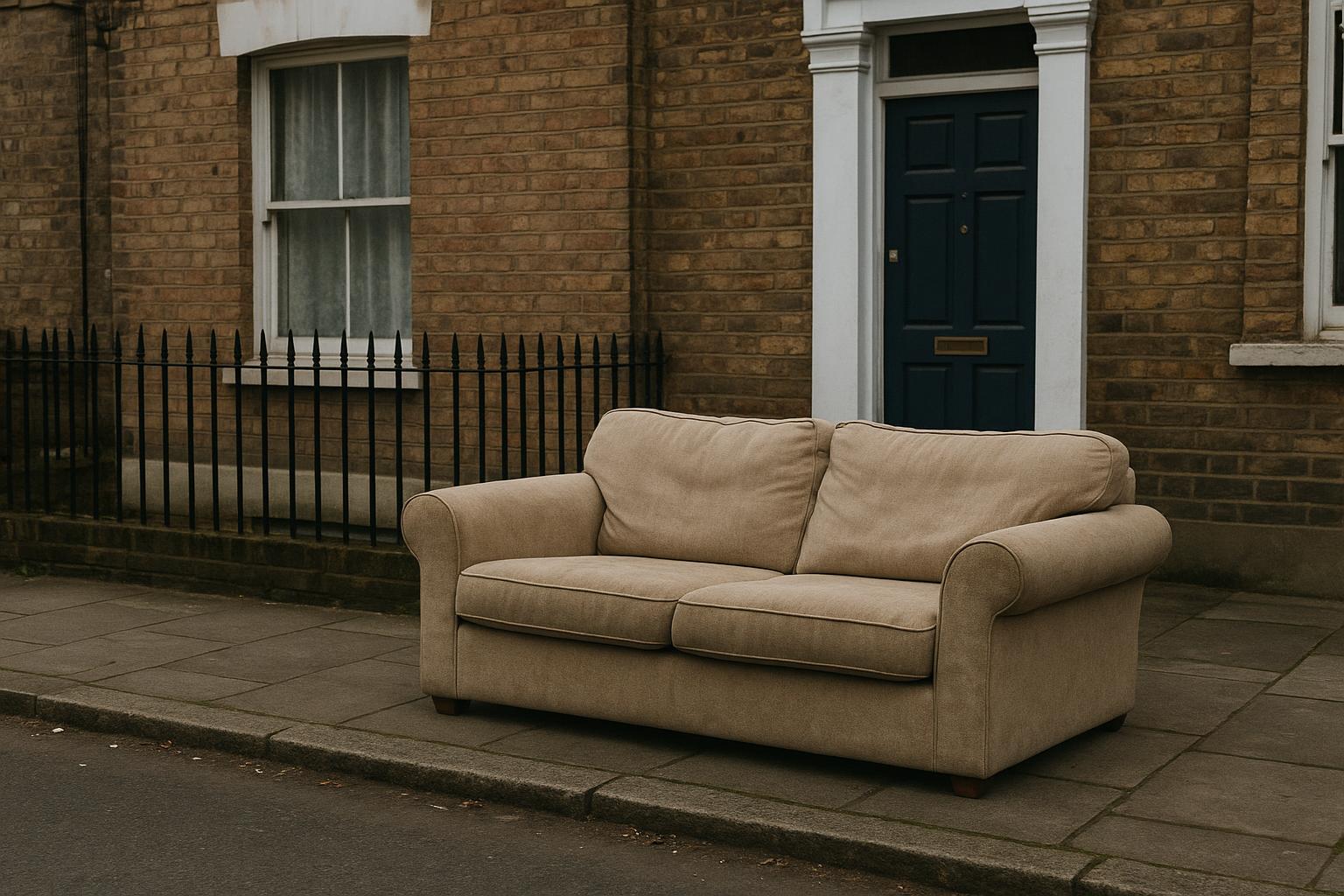 A sofa placed on a residential pavement outside a terraced house, left for someone to collect