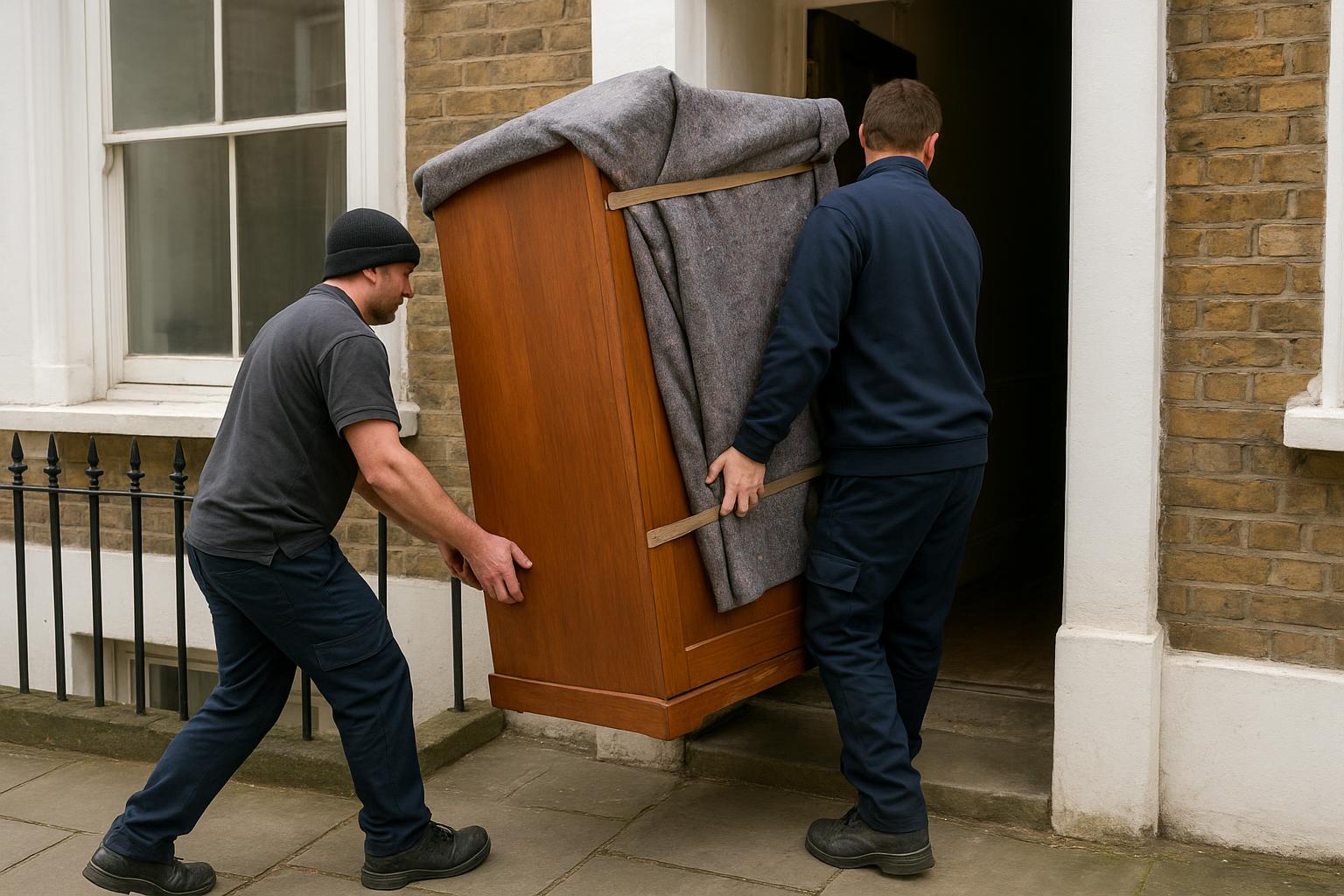 Two movers carefully carrying a wardrobe through a narrow doorway with moving blankets protecting the corners