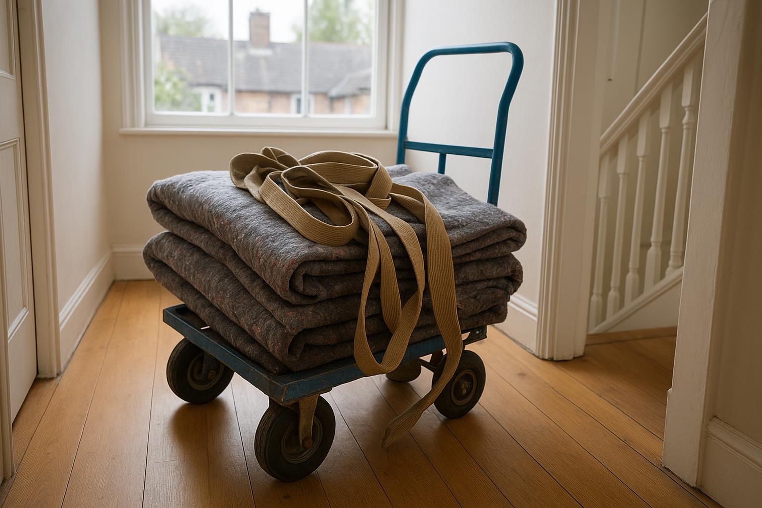 A furniture trolley with lifting straps and moving blankets staged in a hallway ready for a heavy item