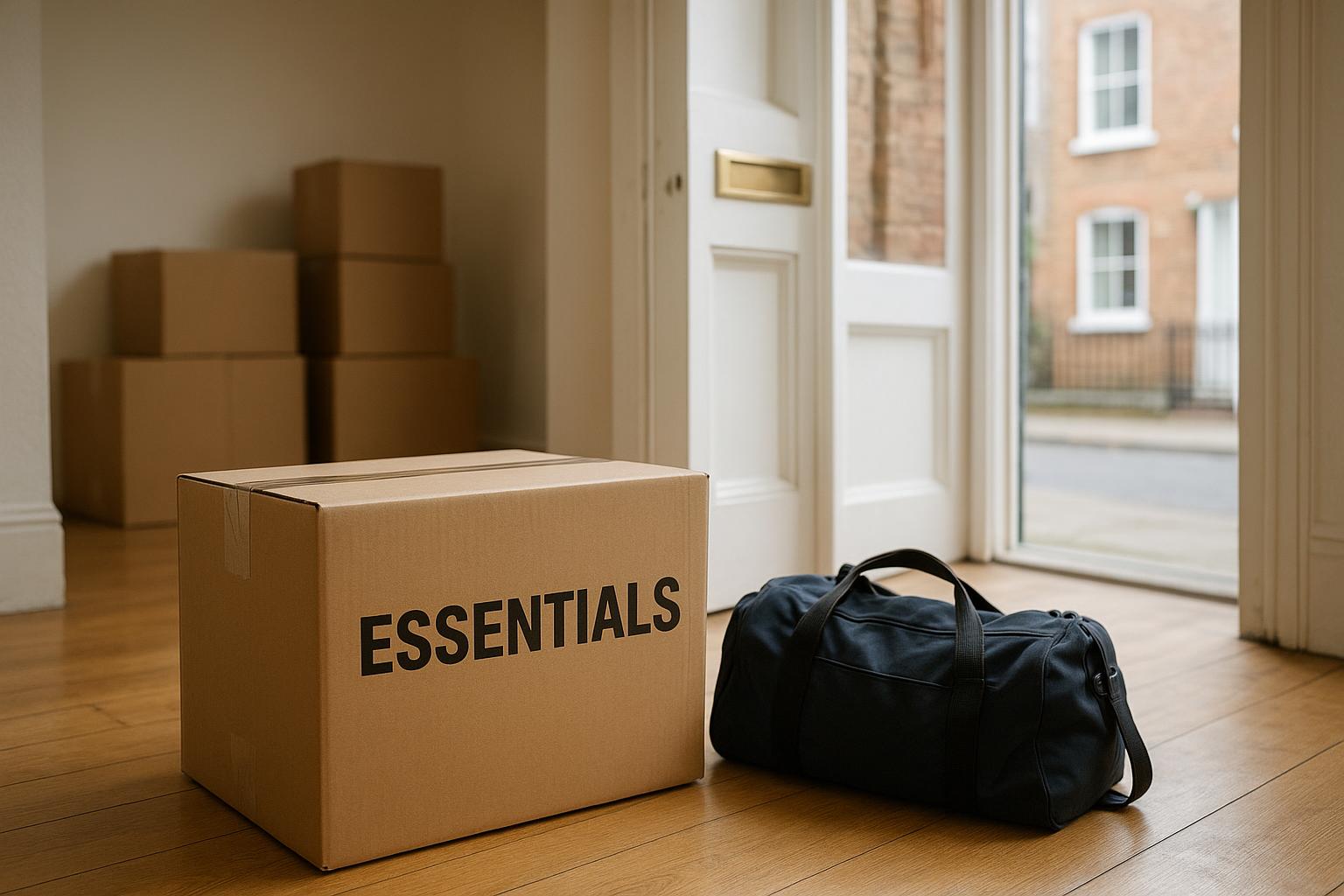 A labelled essentials moving box and overnight bag by the front door with sealed boxes in the background