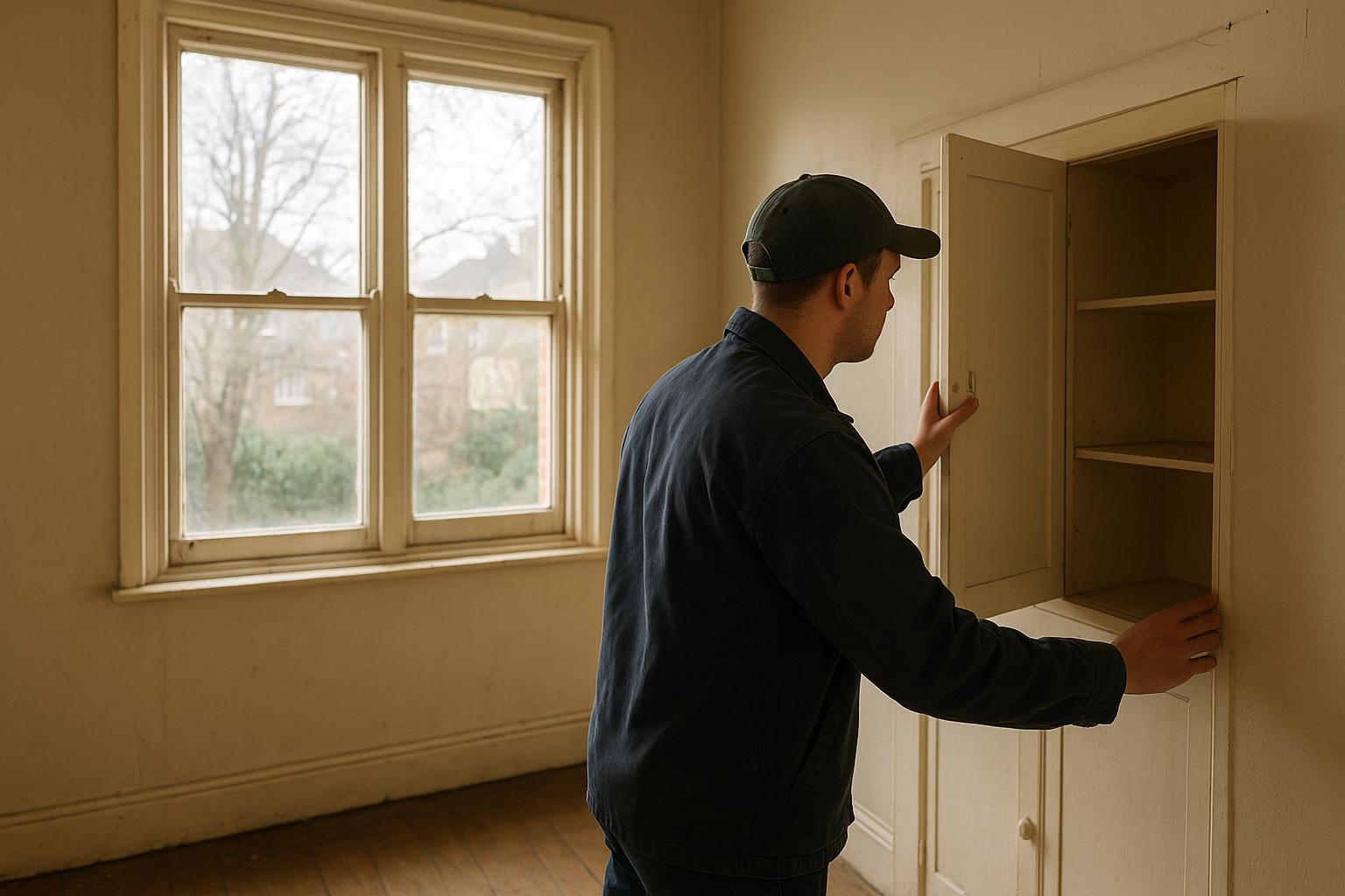 A person doing a final walkthrough check of an empty room, looking inside an open cupboard
