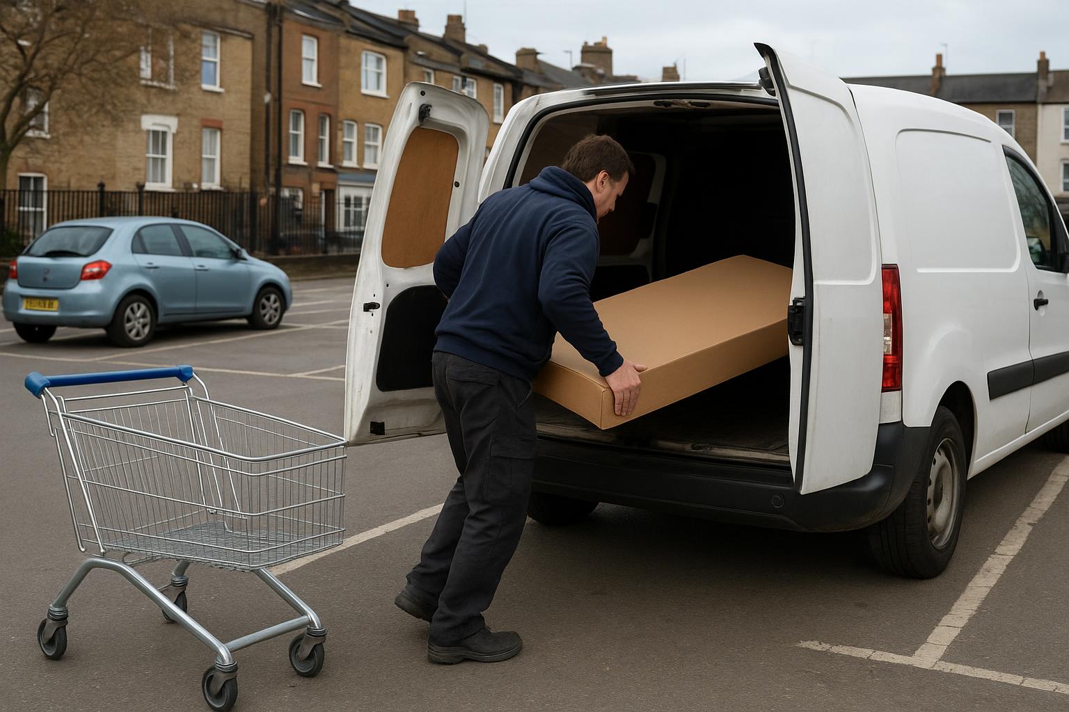A flat-pack furniture box being loaded from a store trolley into the back of a small van