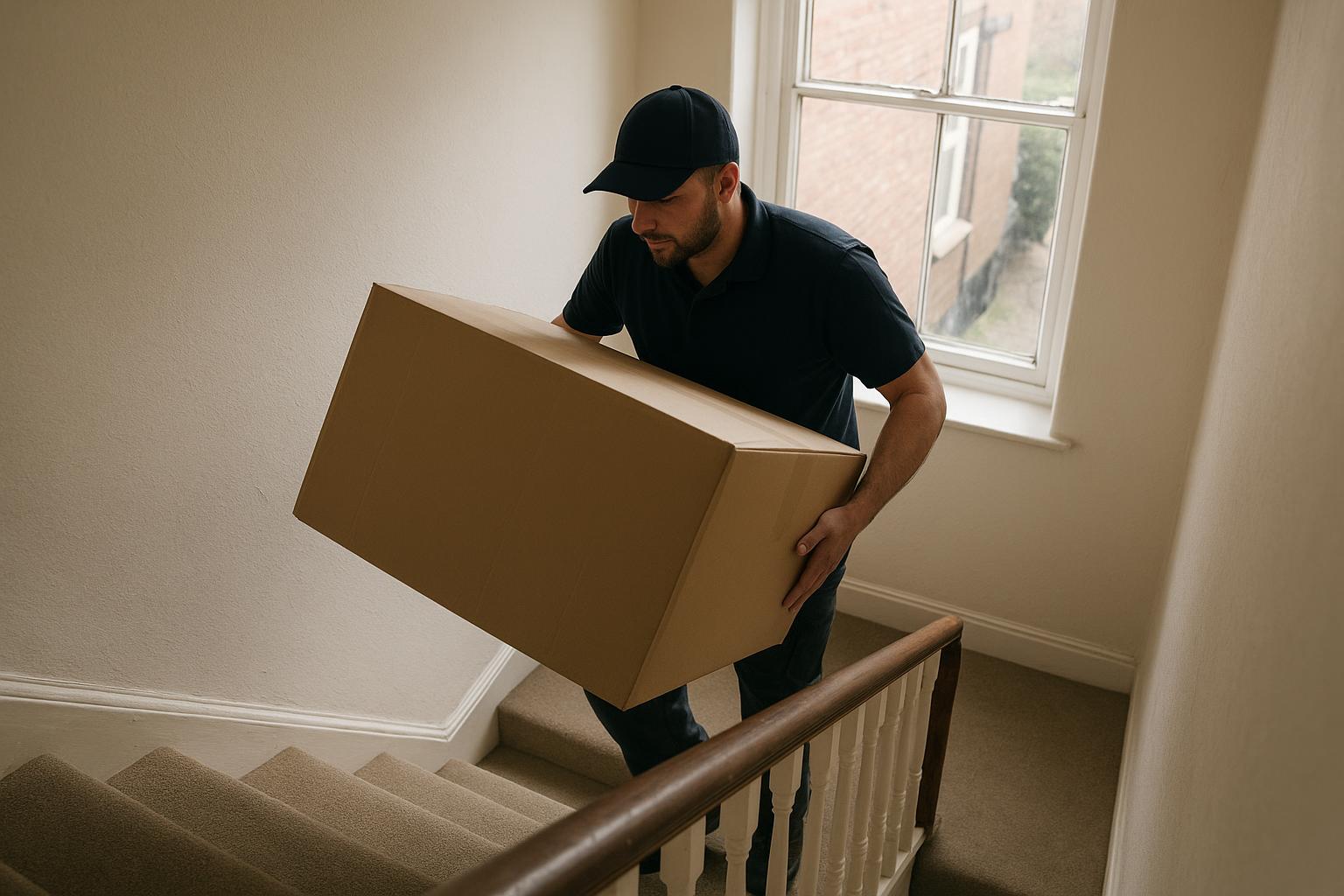 A delivery driver carrying a flat-pack furniture box up a narrow staircase inside a London flat