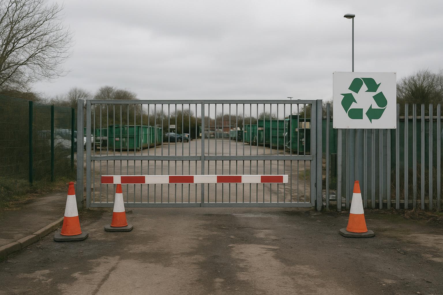 A closed vehicle entrance gate with traffic cones at a household recycling centre