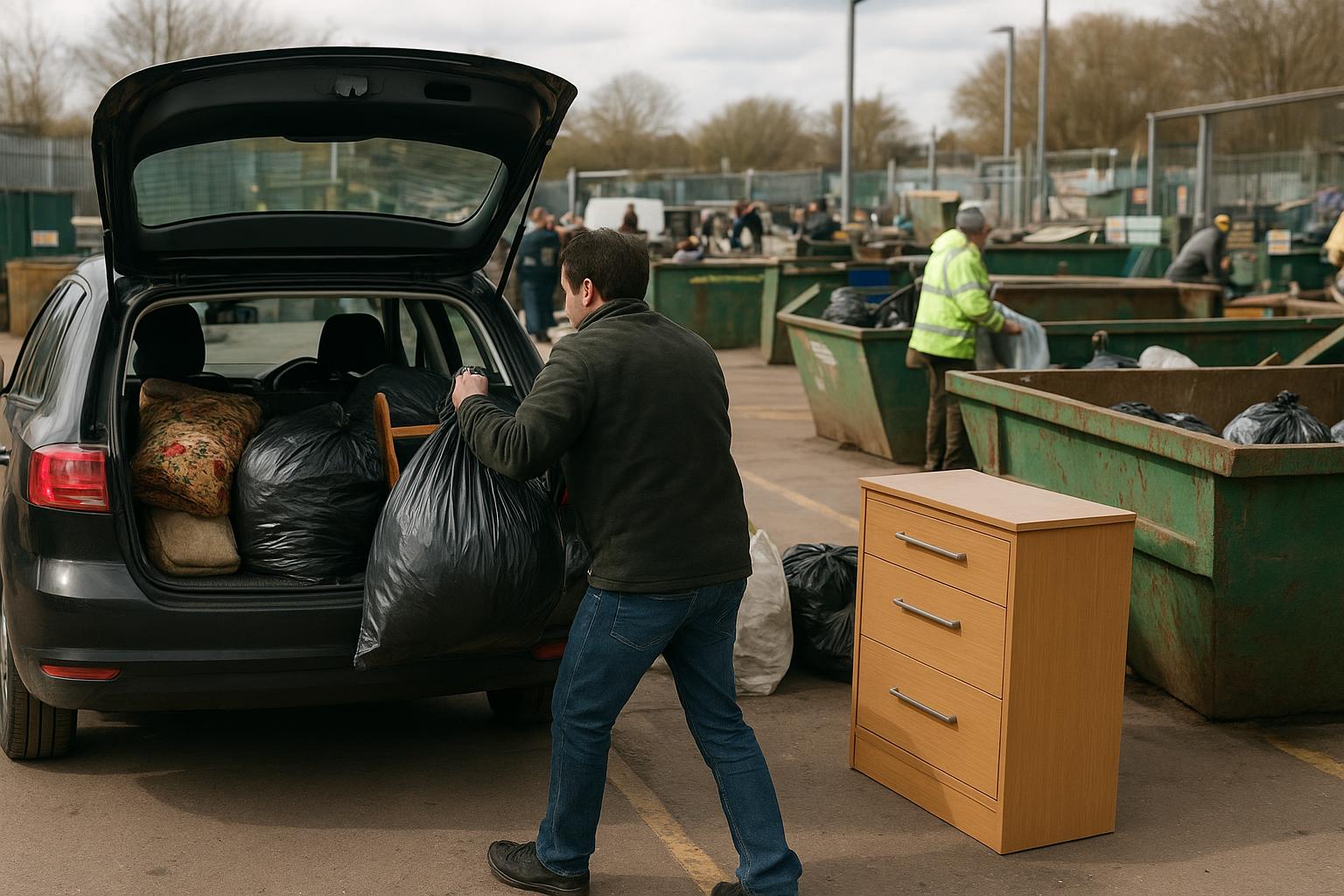 A car boot being unloaded with household waste and old furniture at a recycling centre skip bay