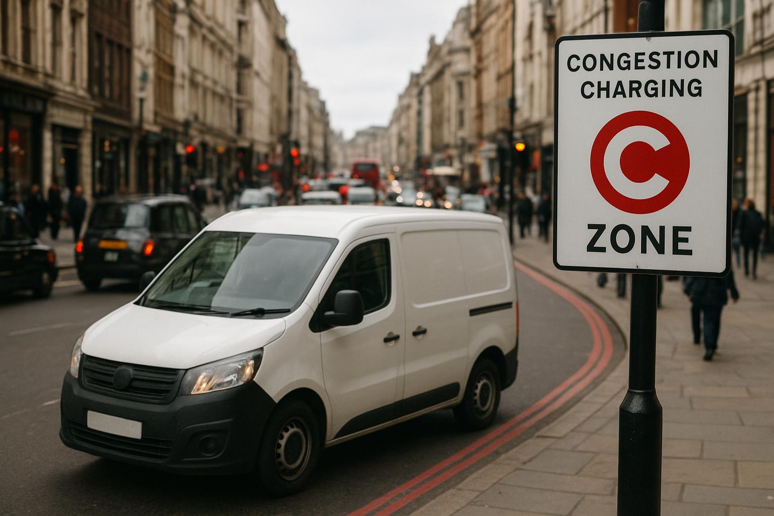 A van driving through a busy central London street with a congestion charge zone road sign at the roadside