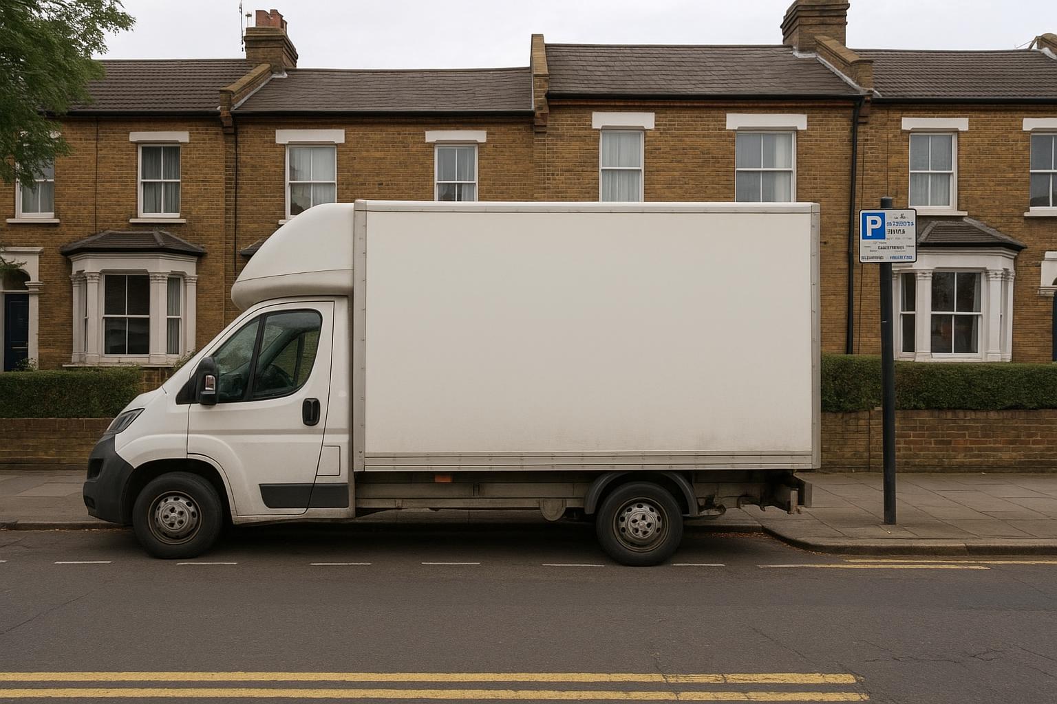 A removal van parked on a residential London street next to a parking permit sign and yellow lines