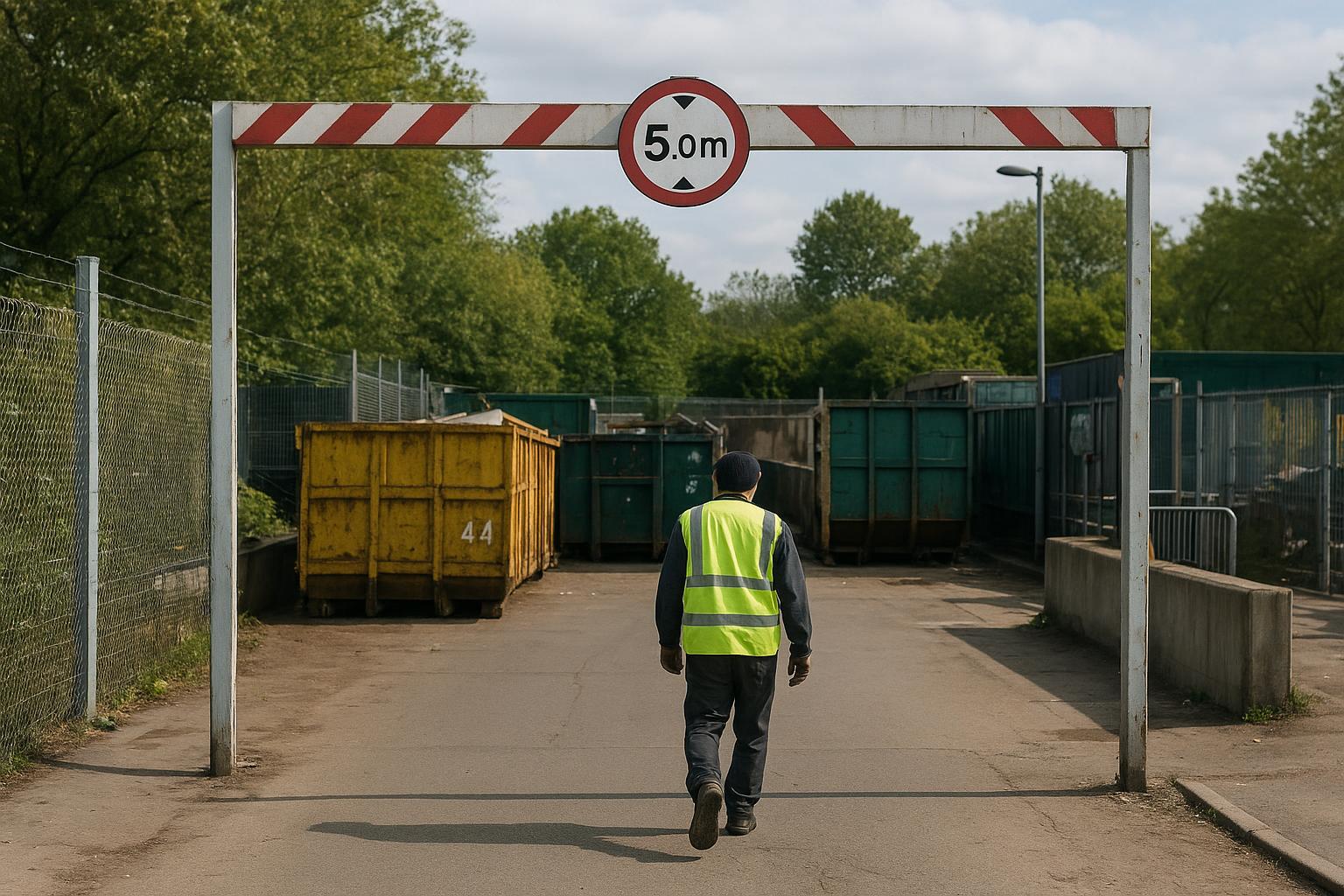 A household waste and recycling centre entrance with a height-restriction barrier and sorting skips