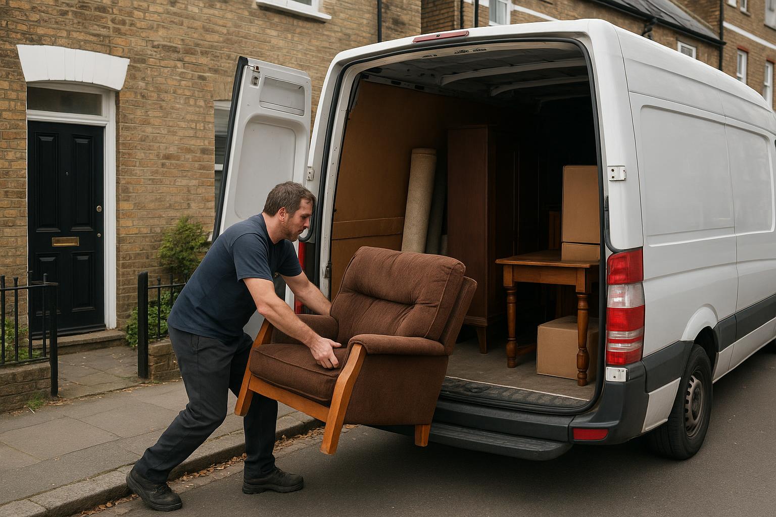 A loaded van outside a house being filled with furniture and household items for a clearance job