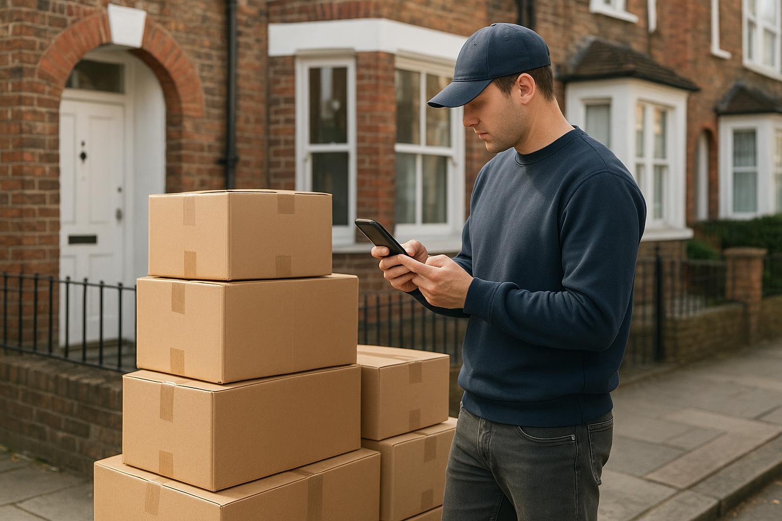A person checking a phone and a booking confirmation while waiting outside a house with packed boxes