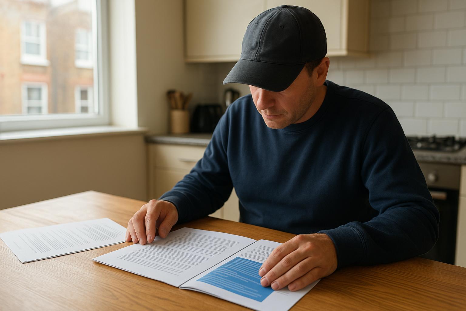 A person reviewing paperwork and a consumer rights leaflet at a kitchen table