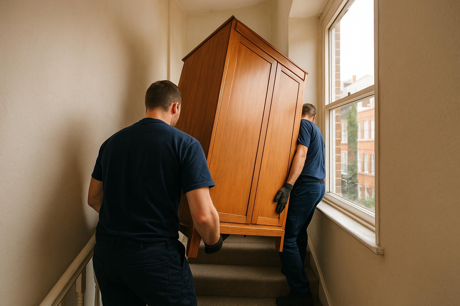 Two removal workers carrying a wardrobe up a narrow staircase in a London flat