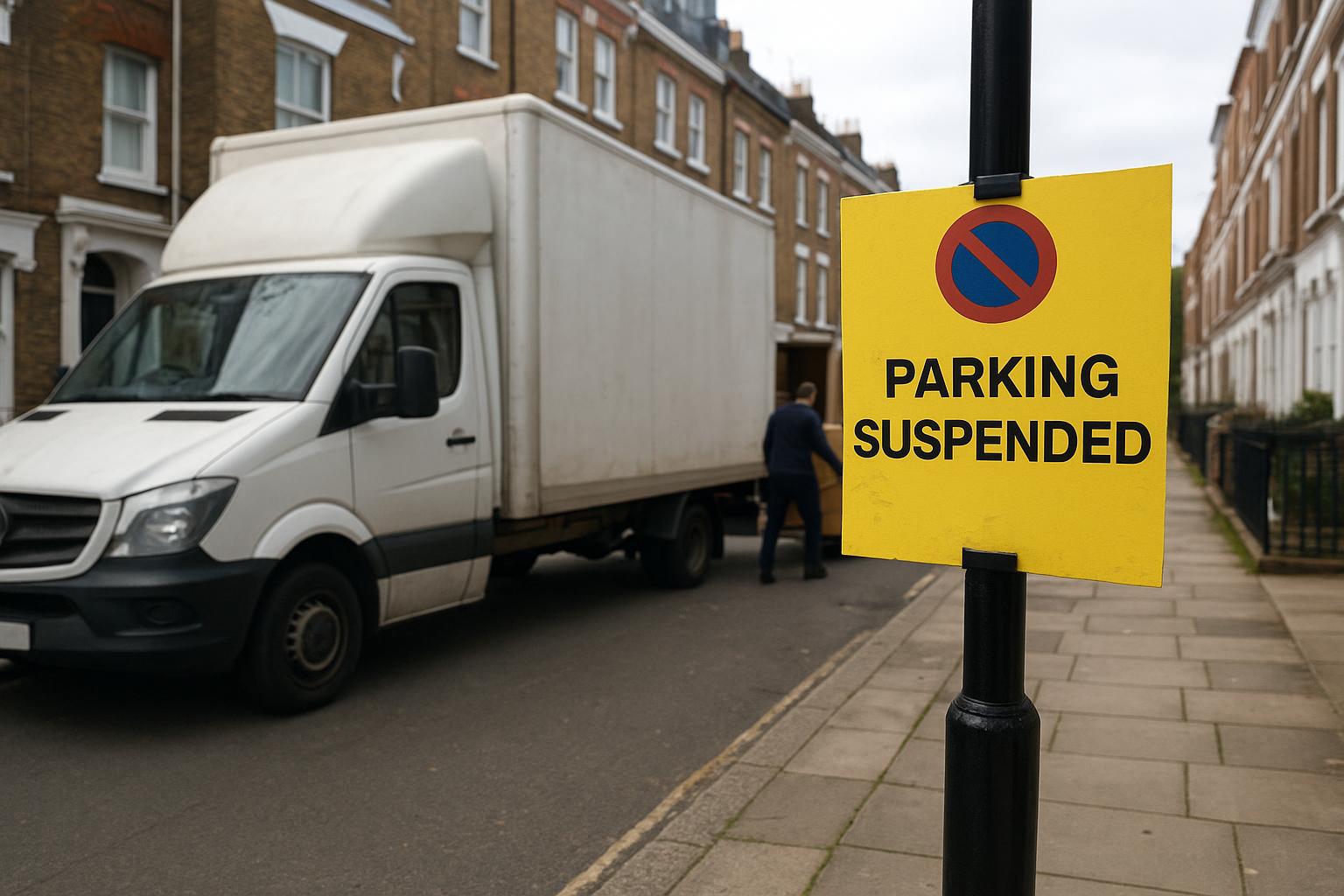 A parking suspension sign on a residential London street with a removal van nearby