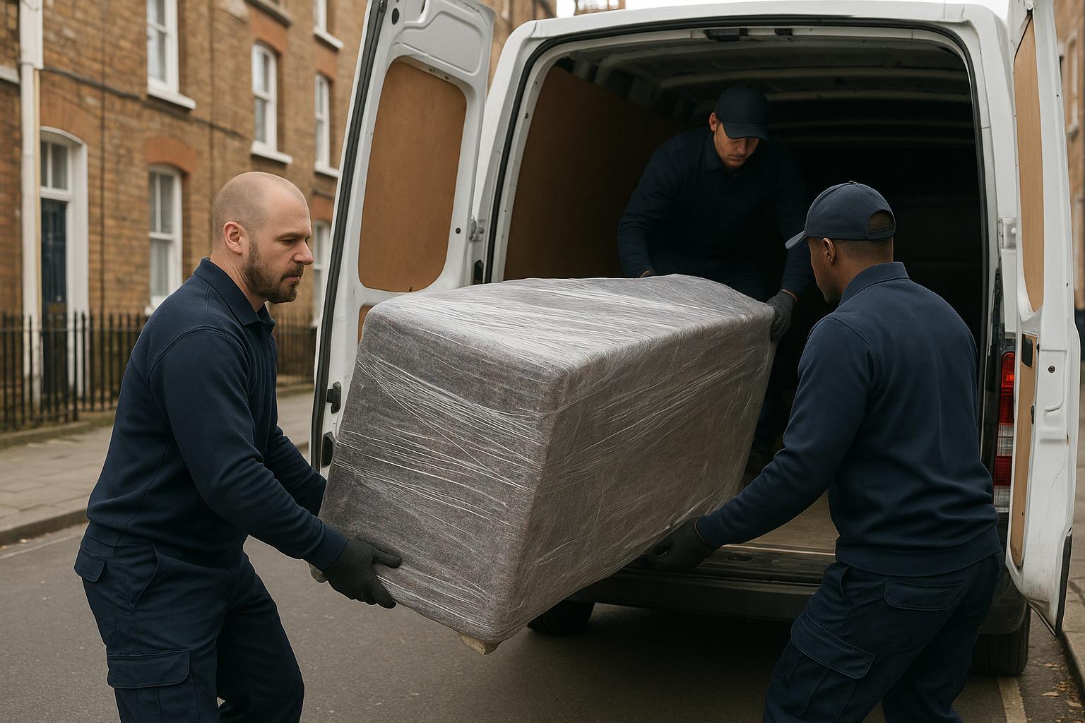 Removal crew carefully loading wrapped furniture into the back of a van