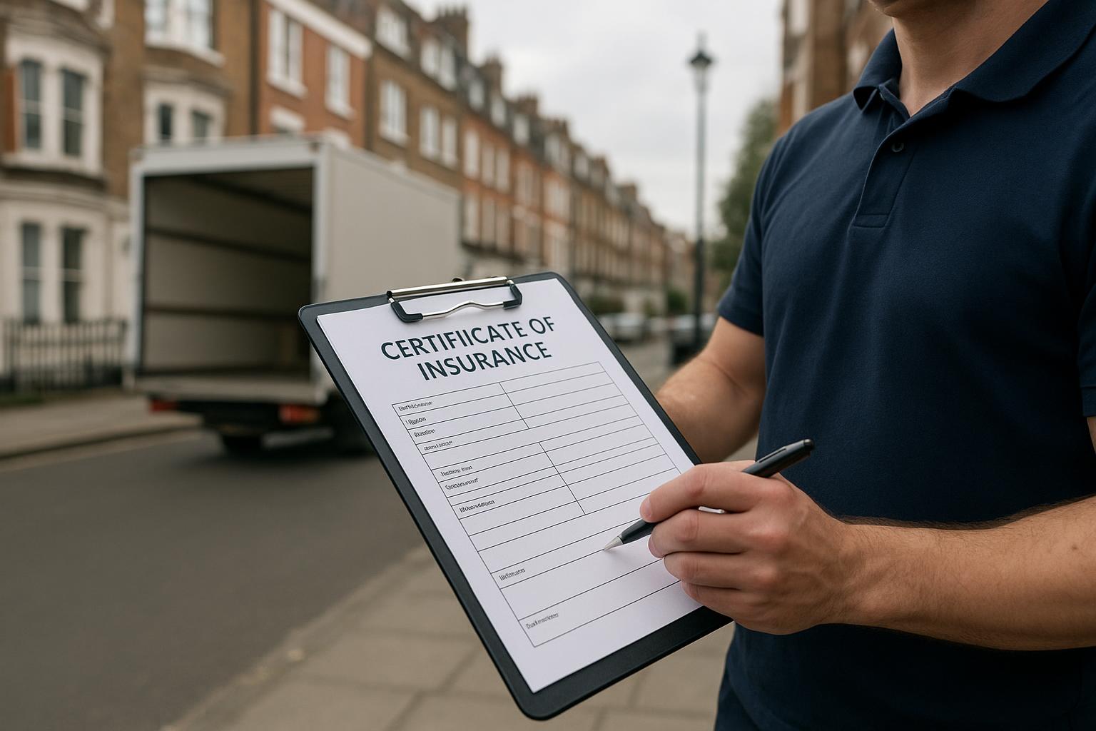 A clipboard with a certificate of insurance document being checked before a removal job