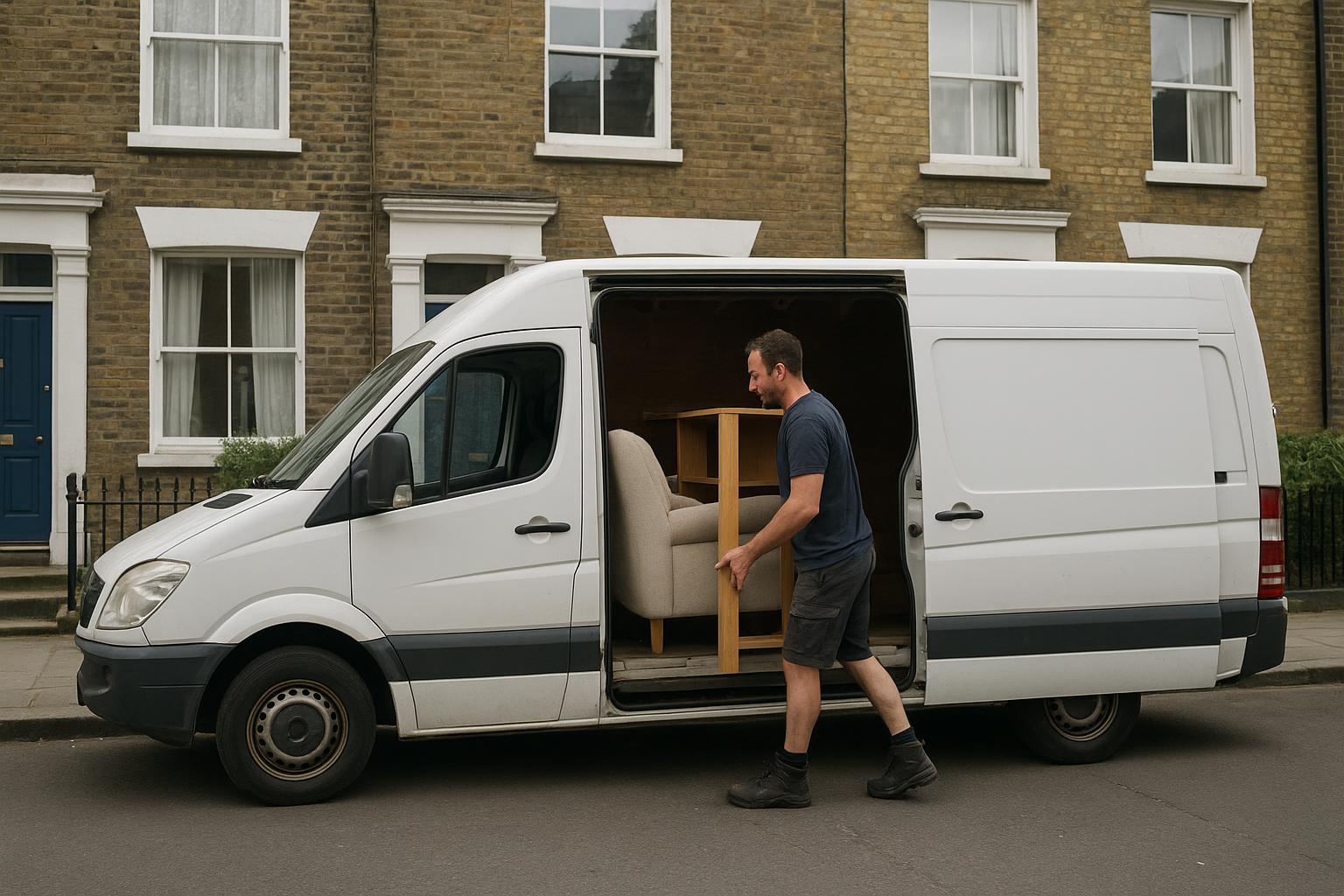 A single driver and a van parked outside a London terraced house ready to load furniture