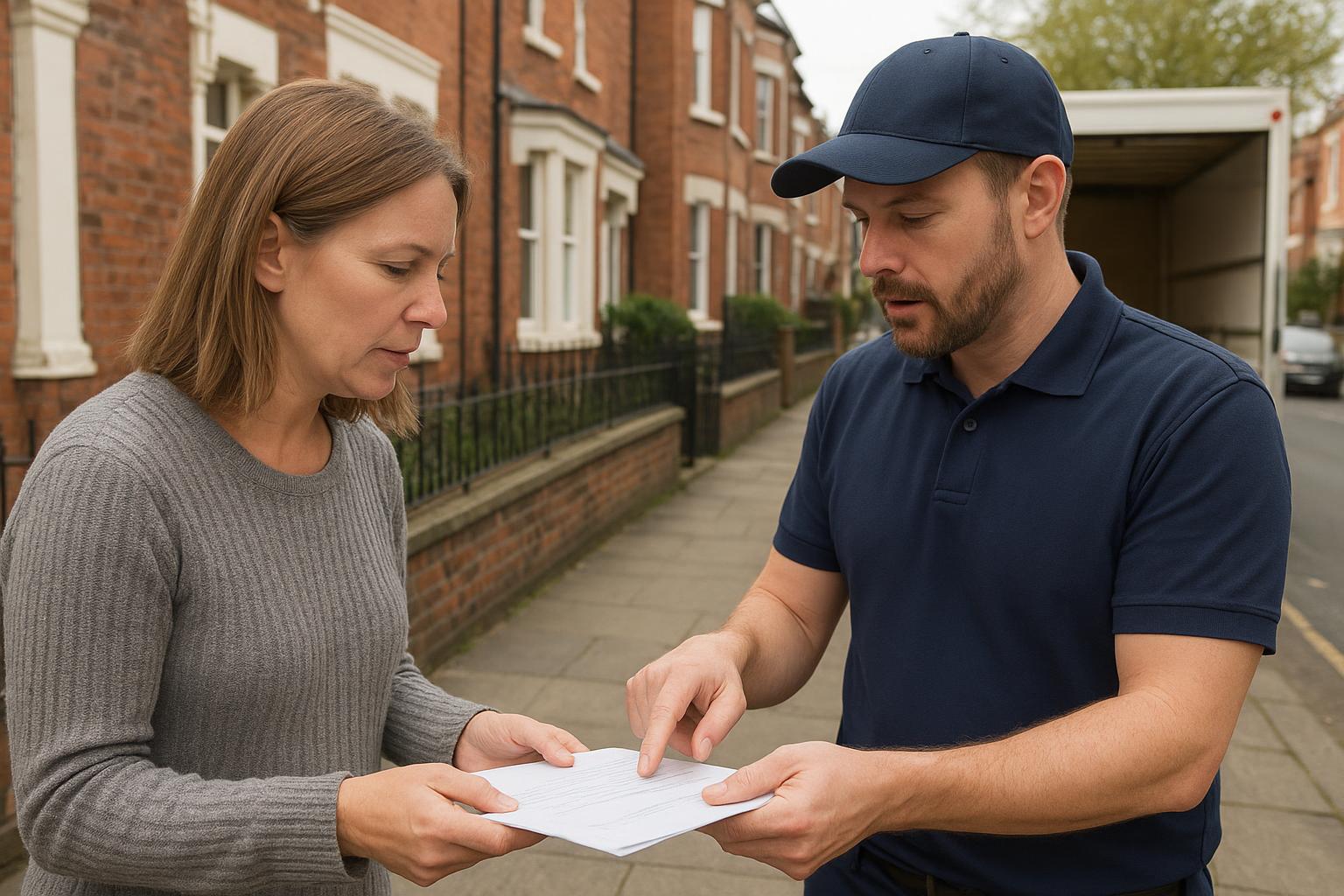 A customer reviewing a written moving quote document with a removal company representative