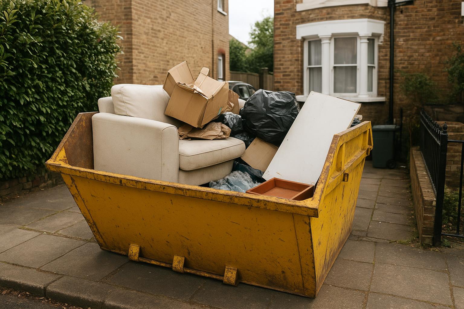 A large maxi skip on a driveway partly filled with furniture and household waste