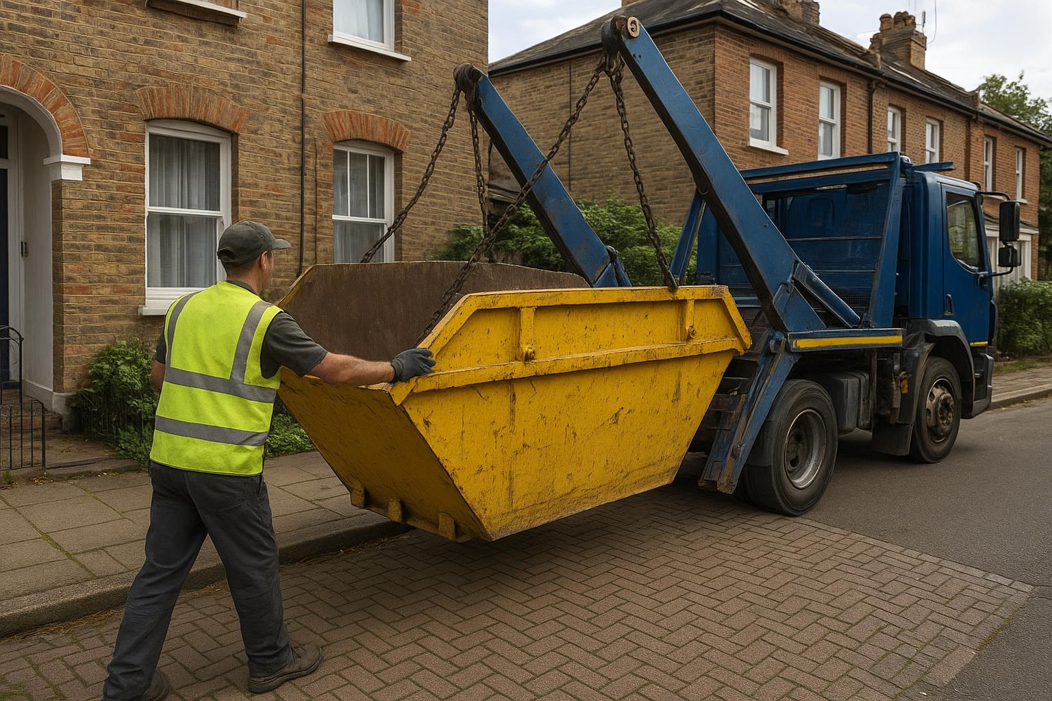 A skip delivery lorry positioning a large skip on a residential driveway