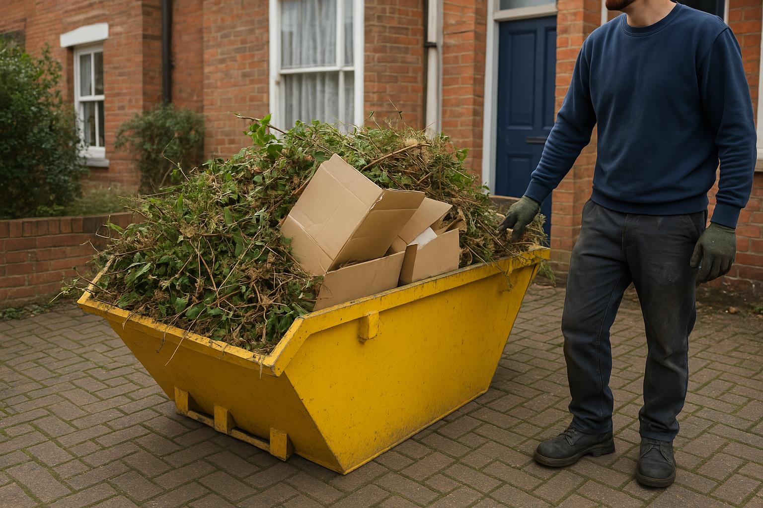 A small mini skip on a residential driveway loaded with garden waste and cardboard