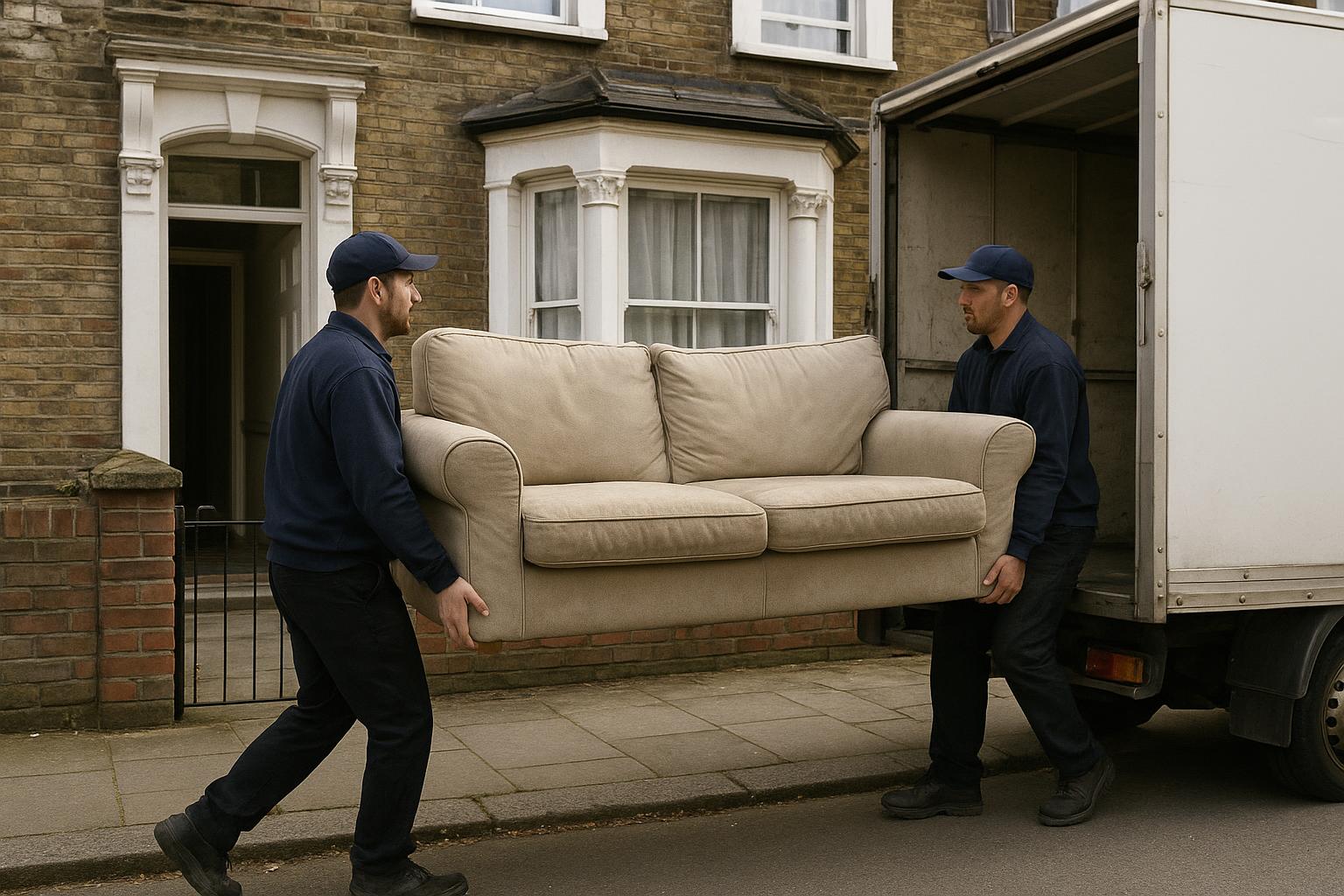 A removal crew carrying a sofa out of a house toward a waiting van