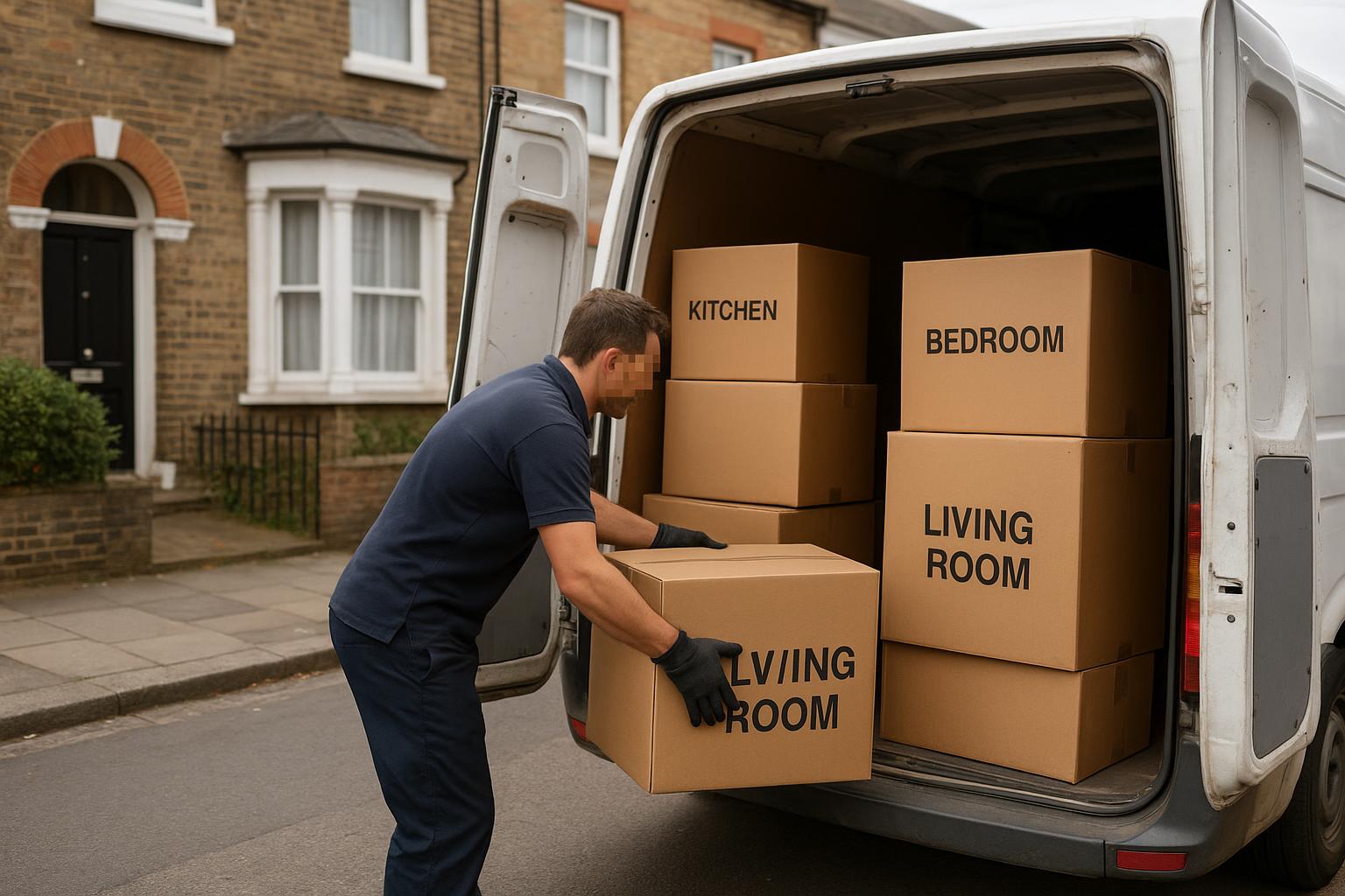 A person loading labelled cardboard moving boxes into a van outside a London terraced house