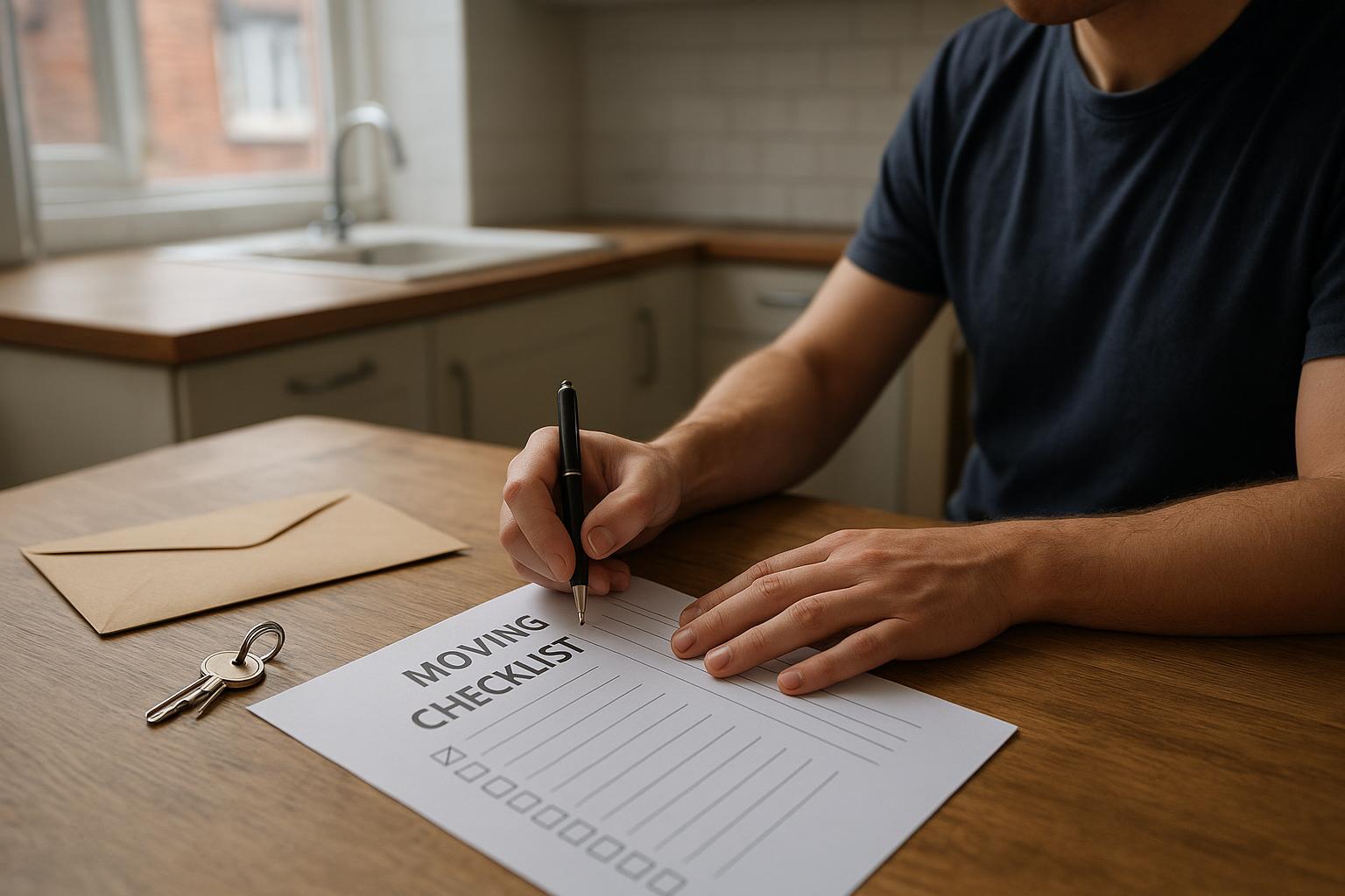 A person checking off items on a moving house checklist at a kitchen table with keys and post nearby