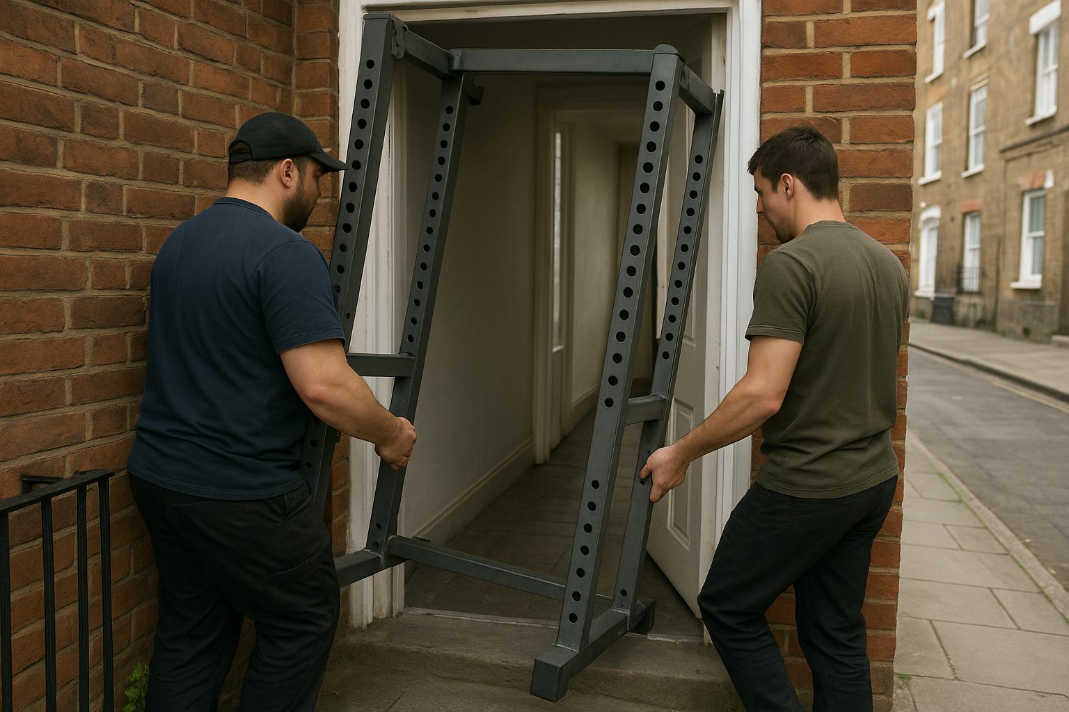 Two people carrying a disassembled power rack upright through a doorway