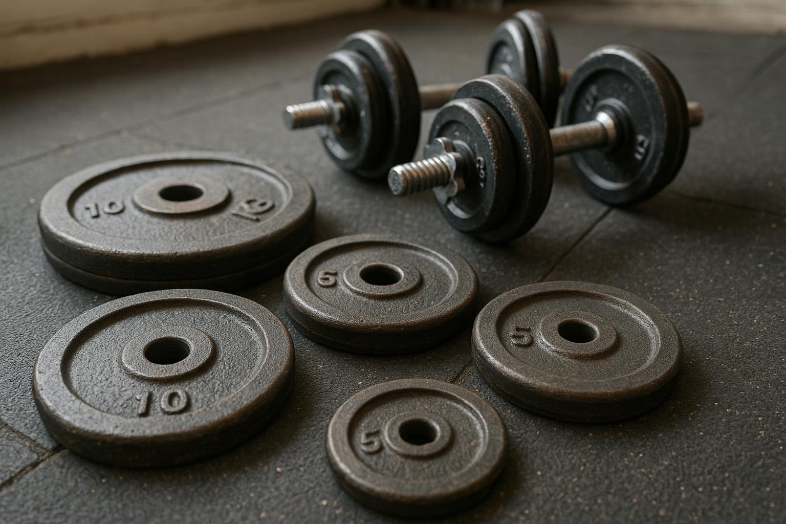 Cast-iron Olympic weight plates and dumbbells stacked on a home gym floor