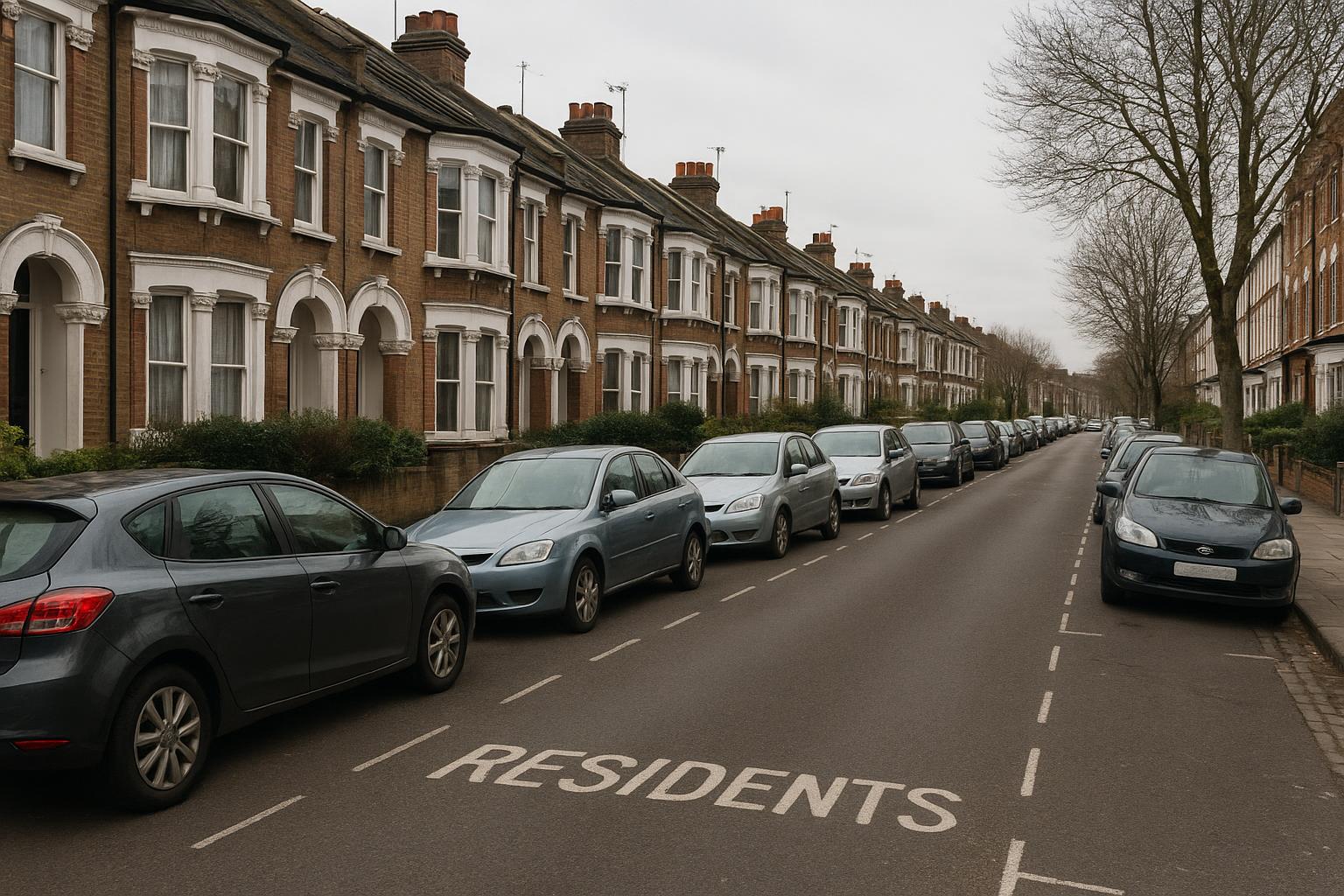 A residential West London street lined with Victorian terraced houses and marked resident parking bays