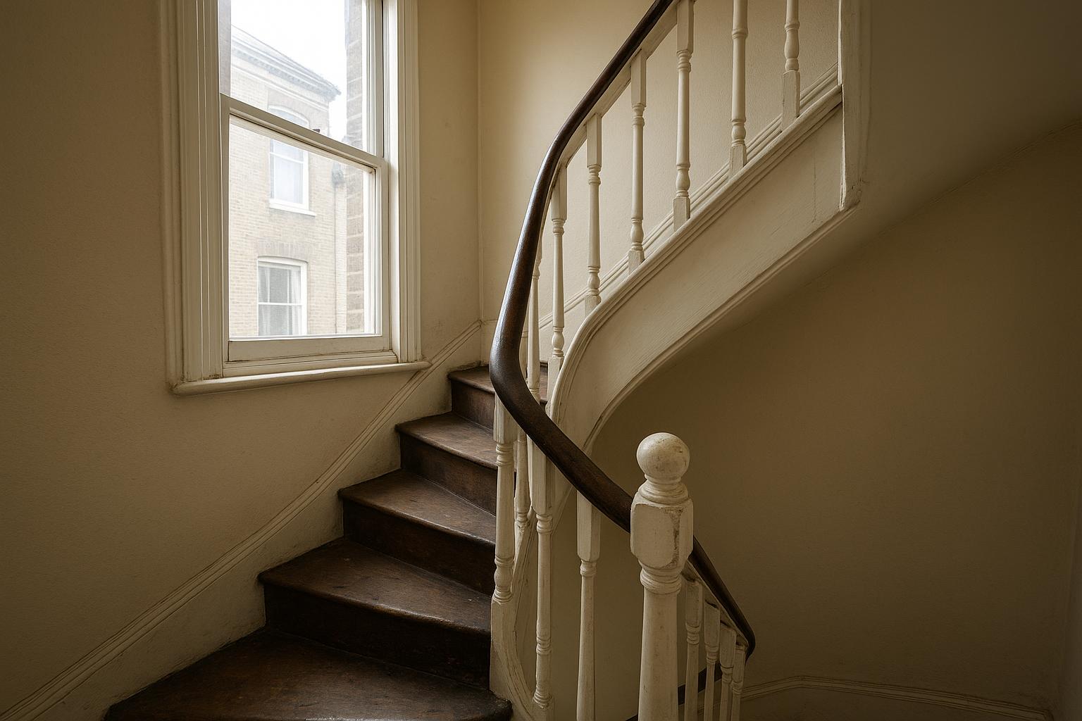 A narrow Victorian conversion staircase in a West London period house with a tight turn