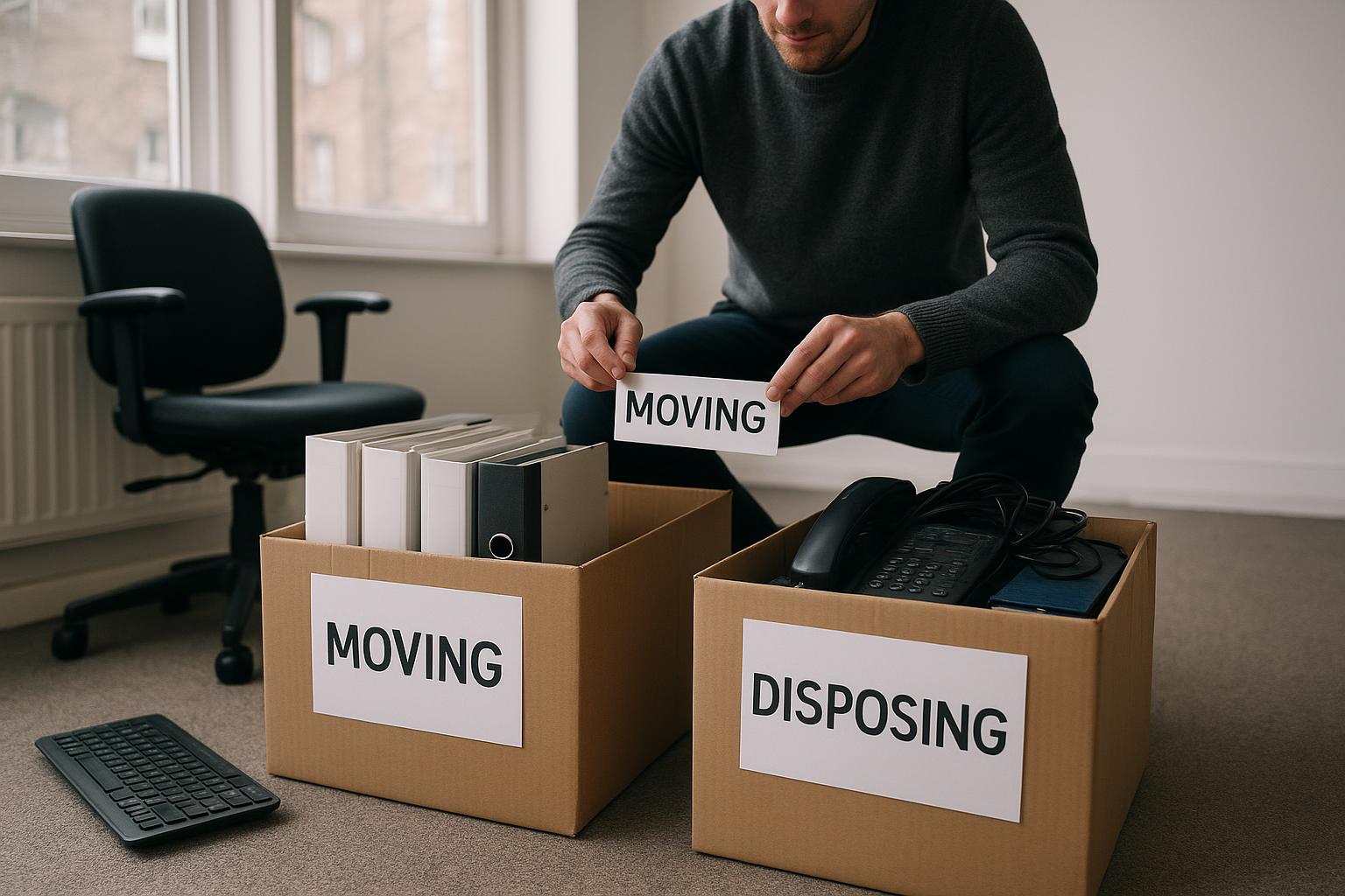 A person labelling and sorting boxes of office files into moving and disposing piles