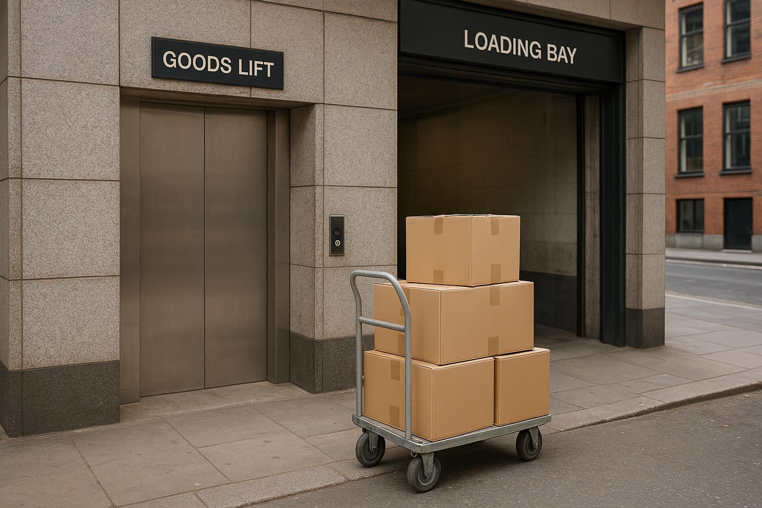 A goods lift and loading bay entrance at a managed London office building with a trolley of boxes