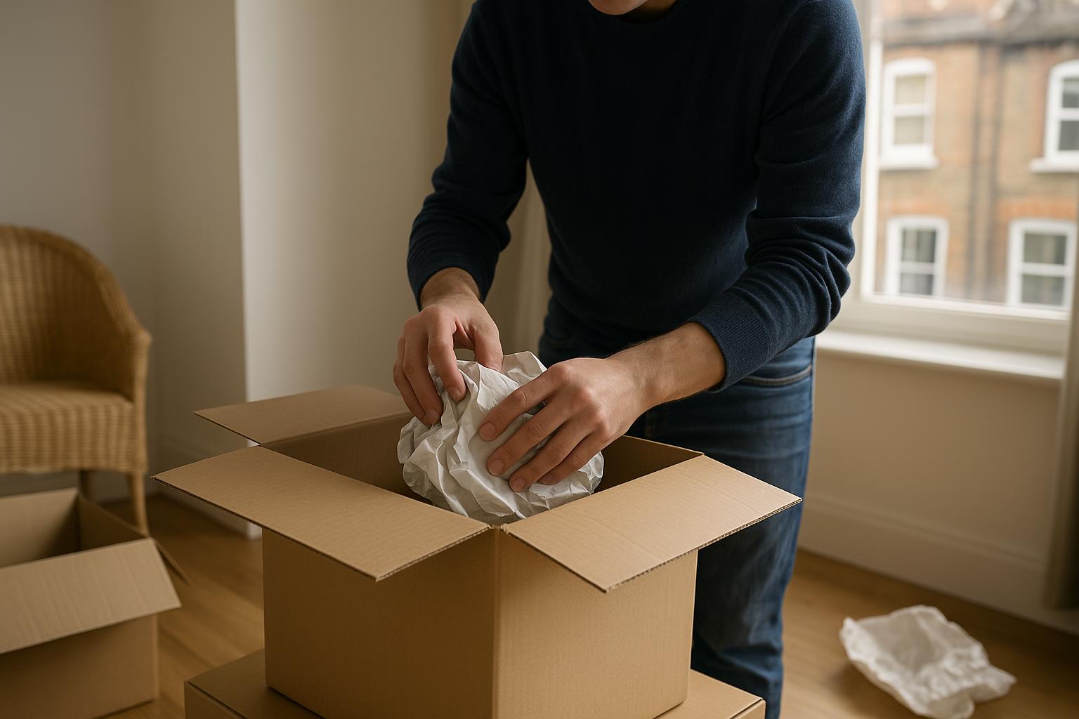 Someone packing a cardboard moving box and wrapping an item inside with paper