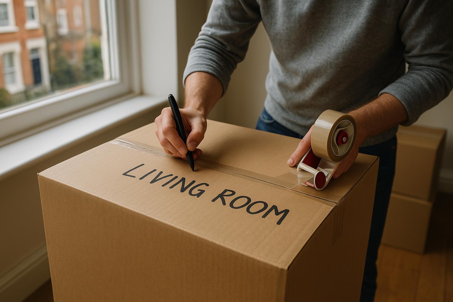 Someone writing a label and sealing a cardboard moving box with tape