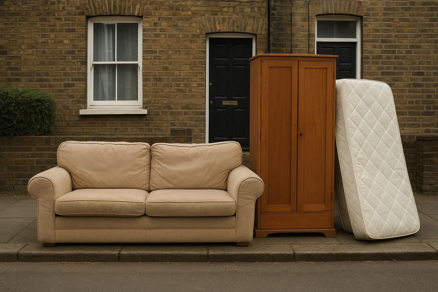 A sofa and other bulky household items placed at the kerbside ready for collection