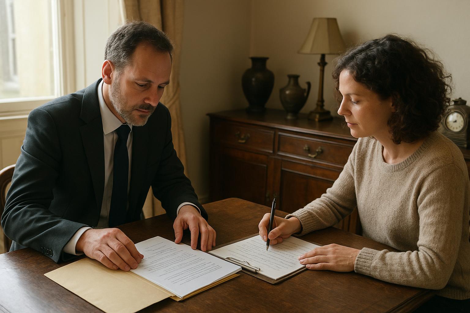 An executor and a professional valuer reviewing a handwritten inventory of an estate's contents at a table