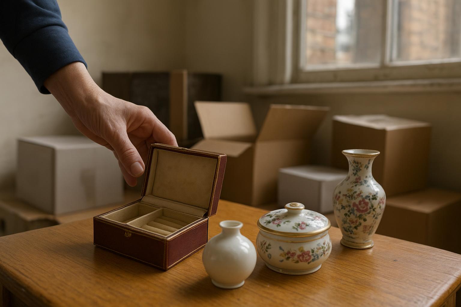 A jewellery box and antique porcelain ornaments being set aside separately from boxed household items